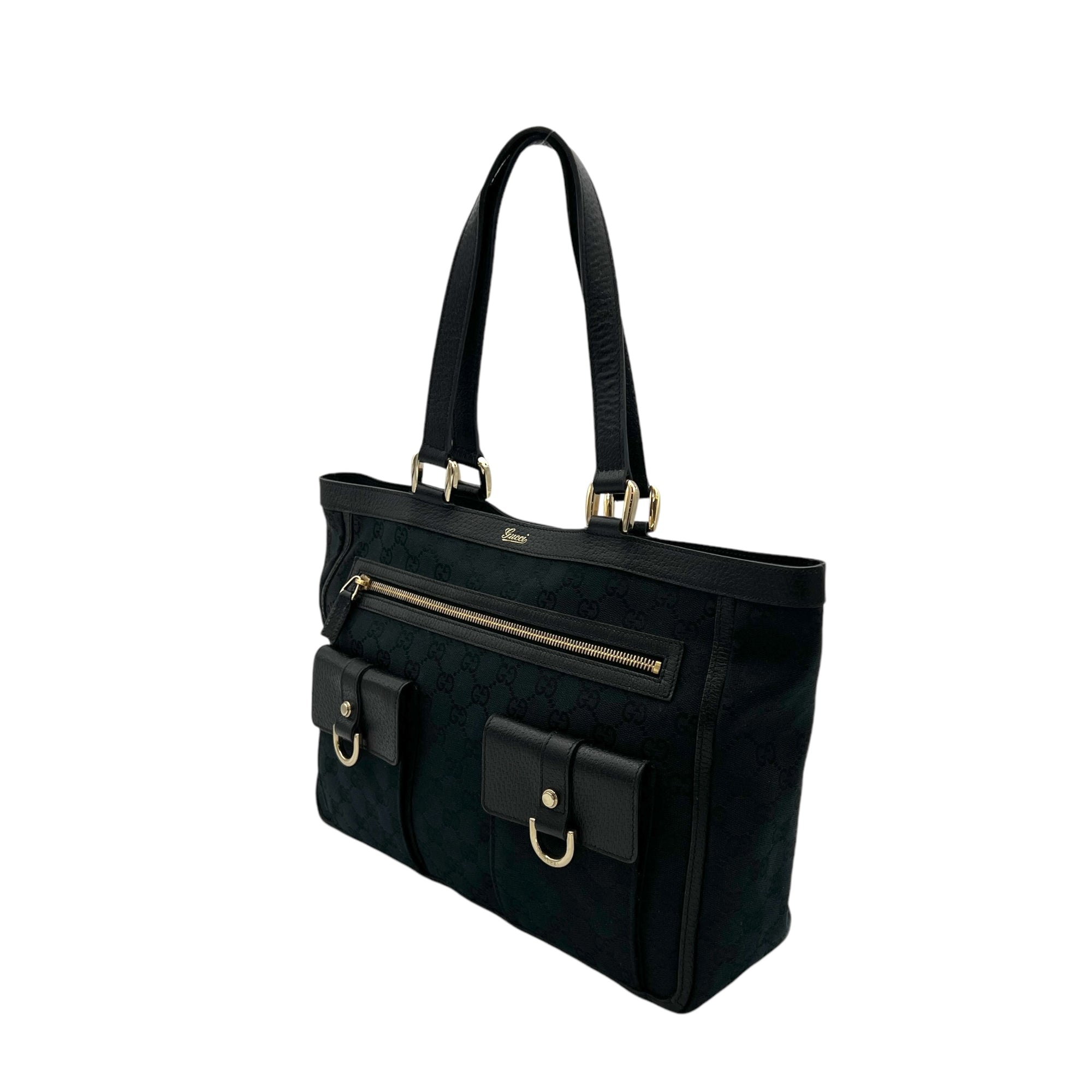 Abbey D Ring Black Tote Bag in Jacquard, Gold hardware