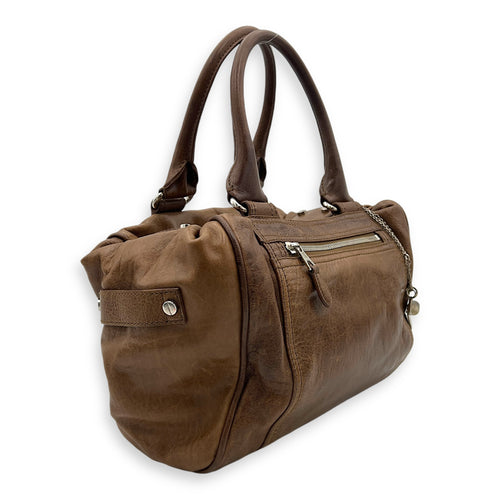 Whistle Brown Top Handle Bag in Goat Leather, Silver hardware