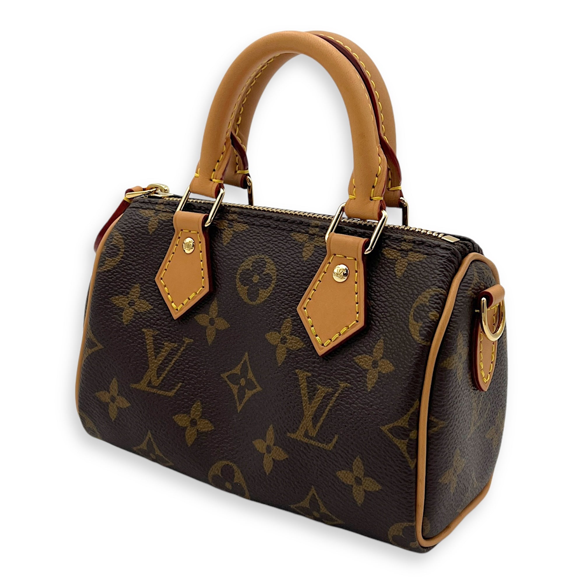 Speedy Nano Brown Top Handle Bag in Monogram Coated Canvas, Gold hardware