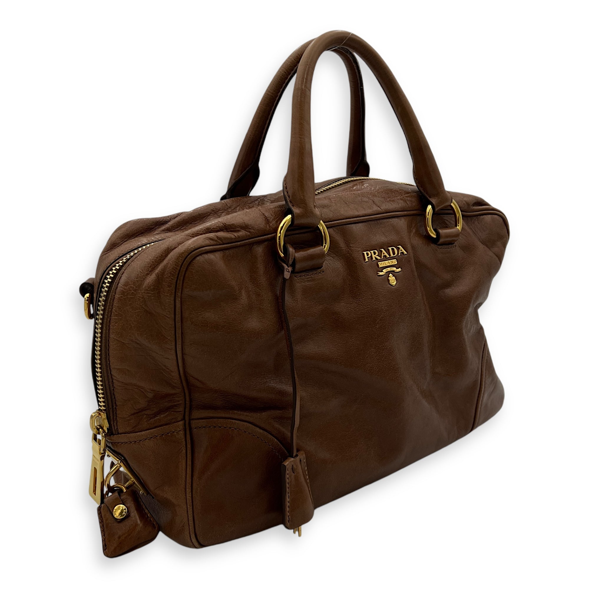 Boston Top Handle Bag Brown in Calfskin, Gold hardware