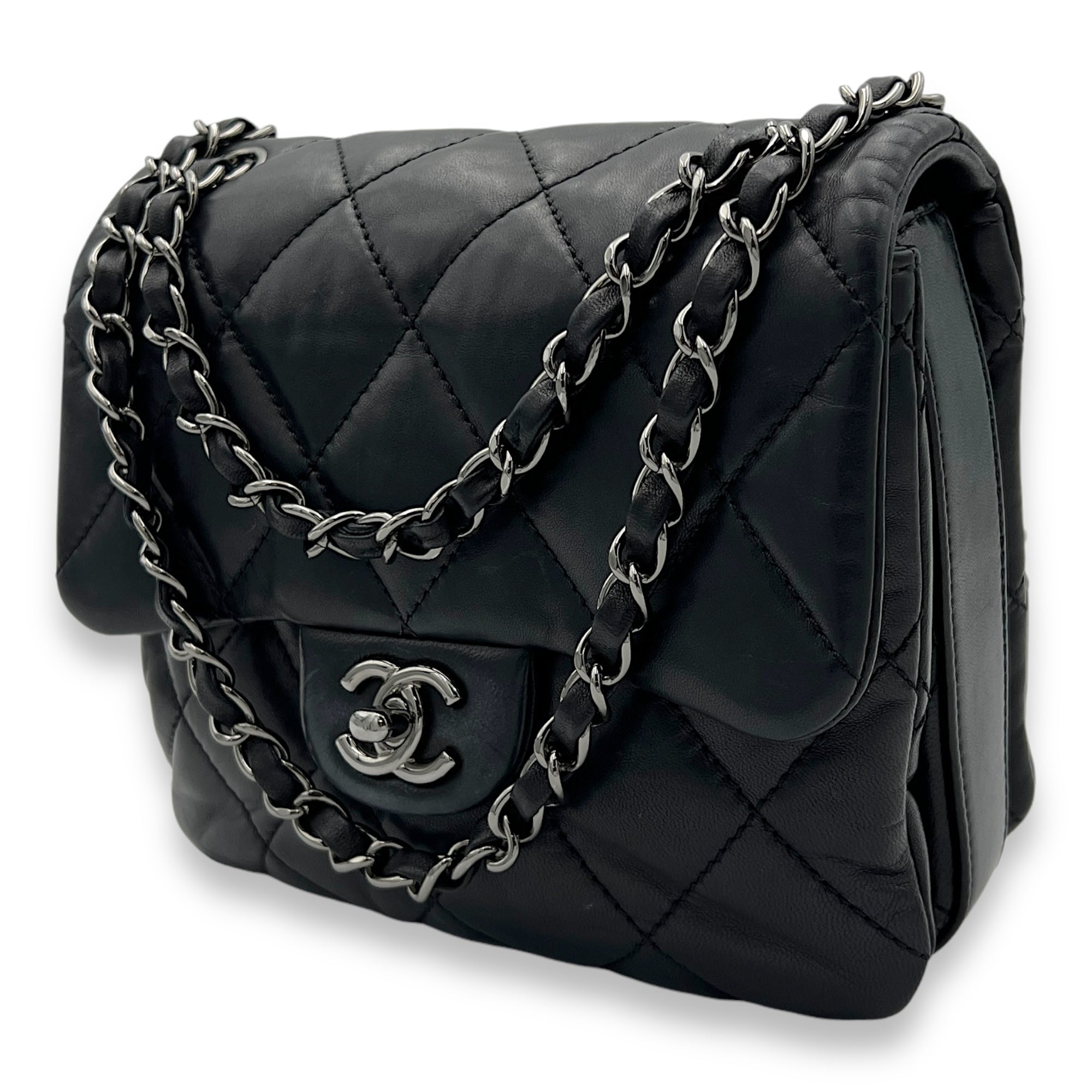 Square Bag Crossbody Bag Black in Lambskin, Silver hardware