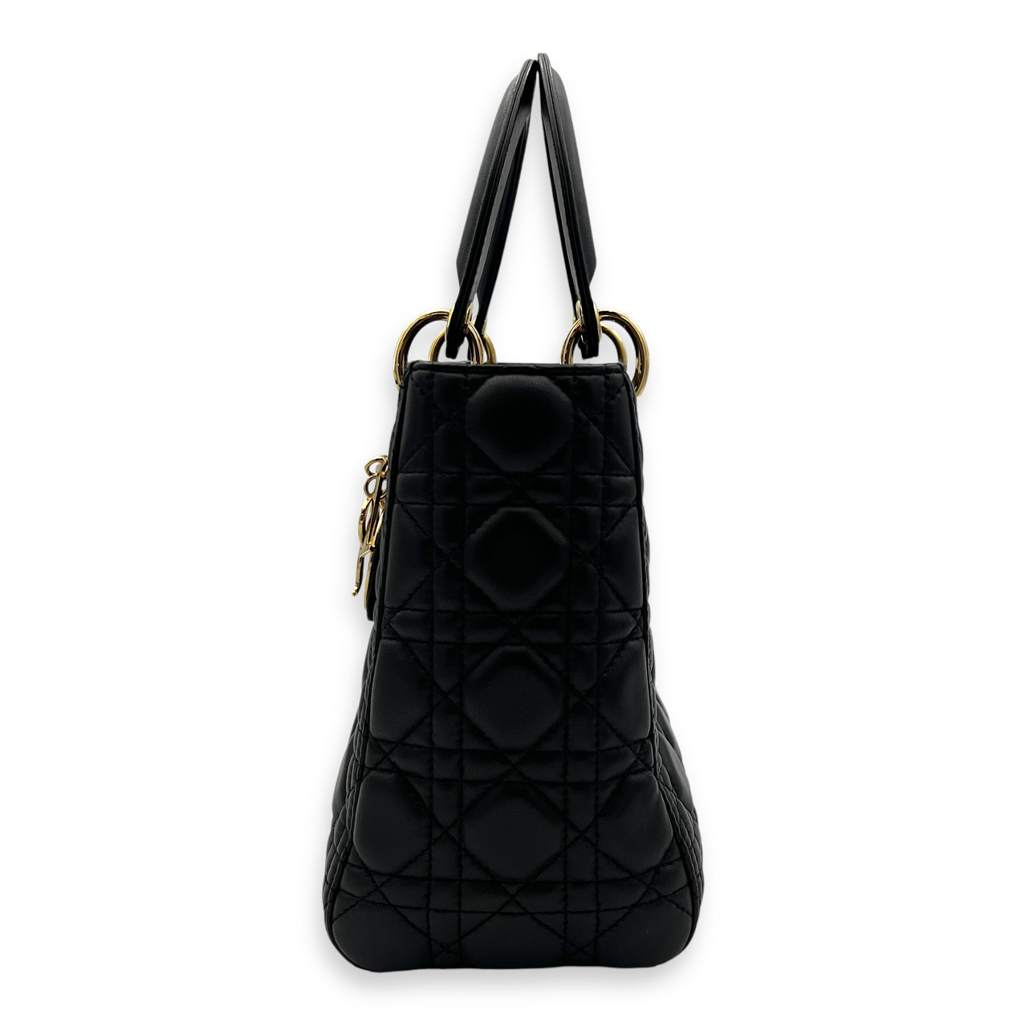 Lady Dior Medium Black Top Handle Bag in Lambskin, Gold hardware