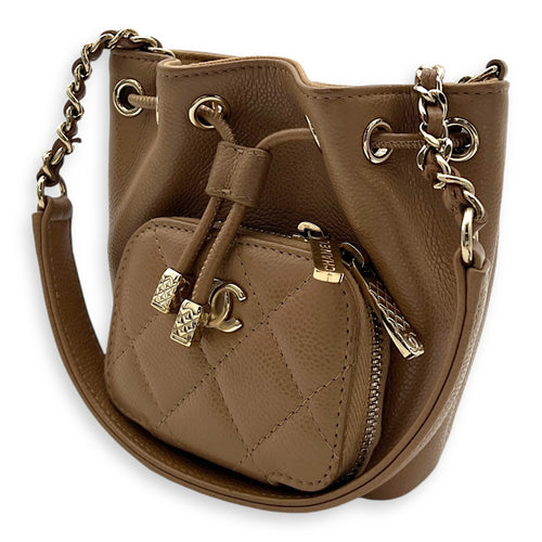 Business Affinity Mini Brown Bucket Bag in Caviar Leather, Gold hardware