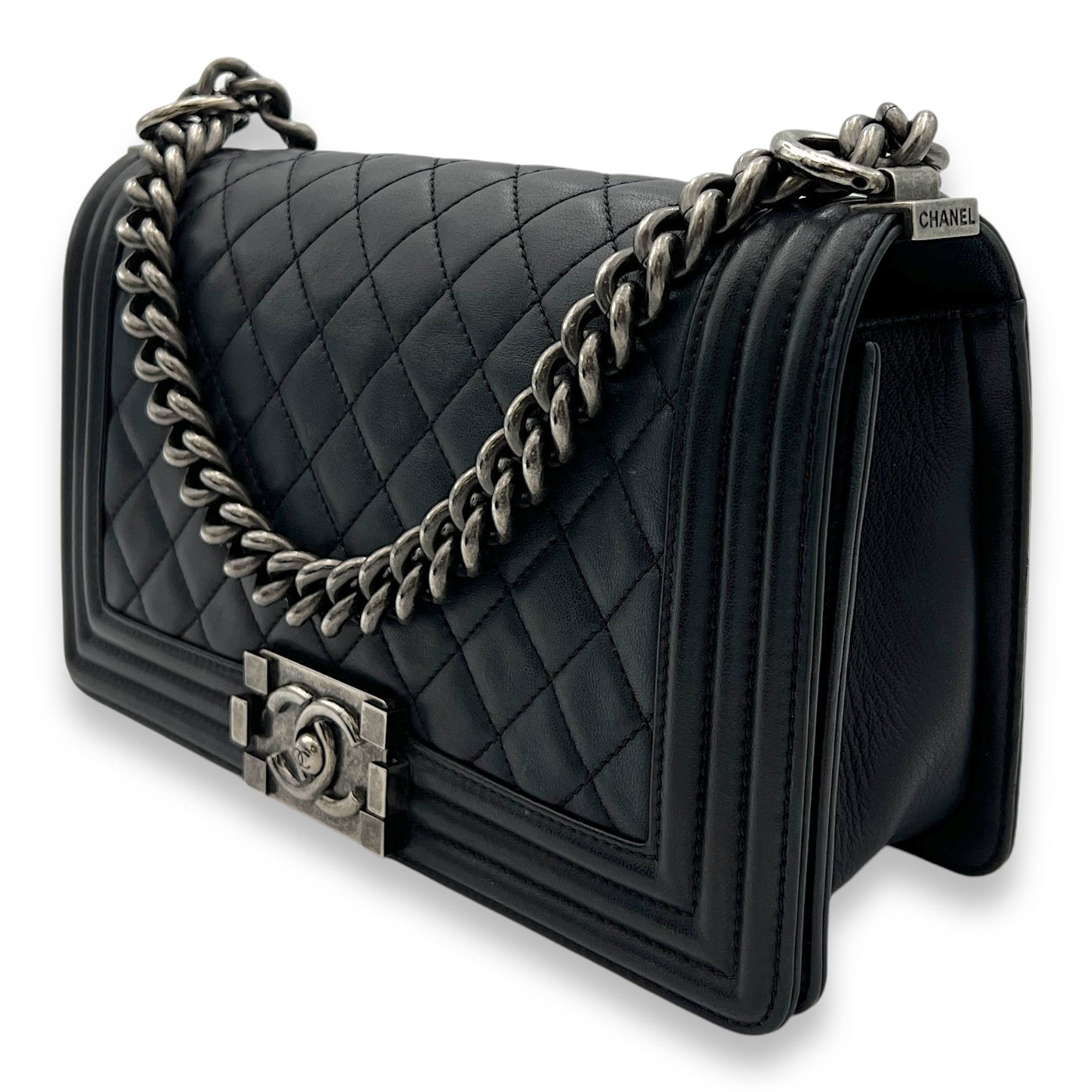 Boy Medium Black Shoulder Bag in Lambskin, Ruthenium hardware