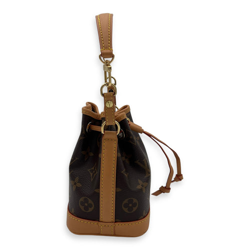 Noe Nano Brown Bucket Bag in Monogram Coated Canvas, Gold hardware