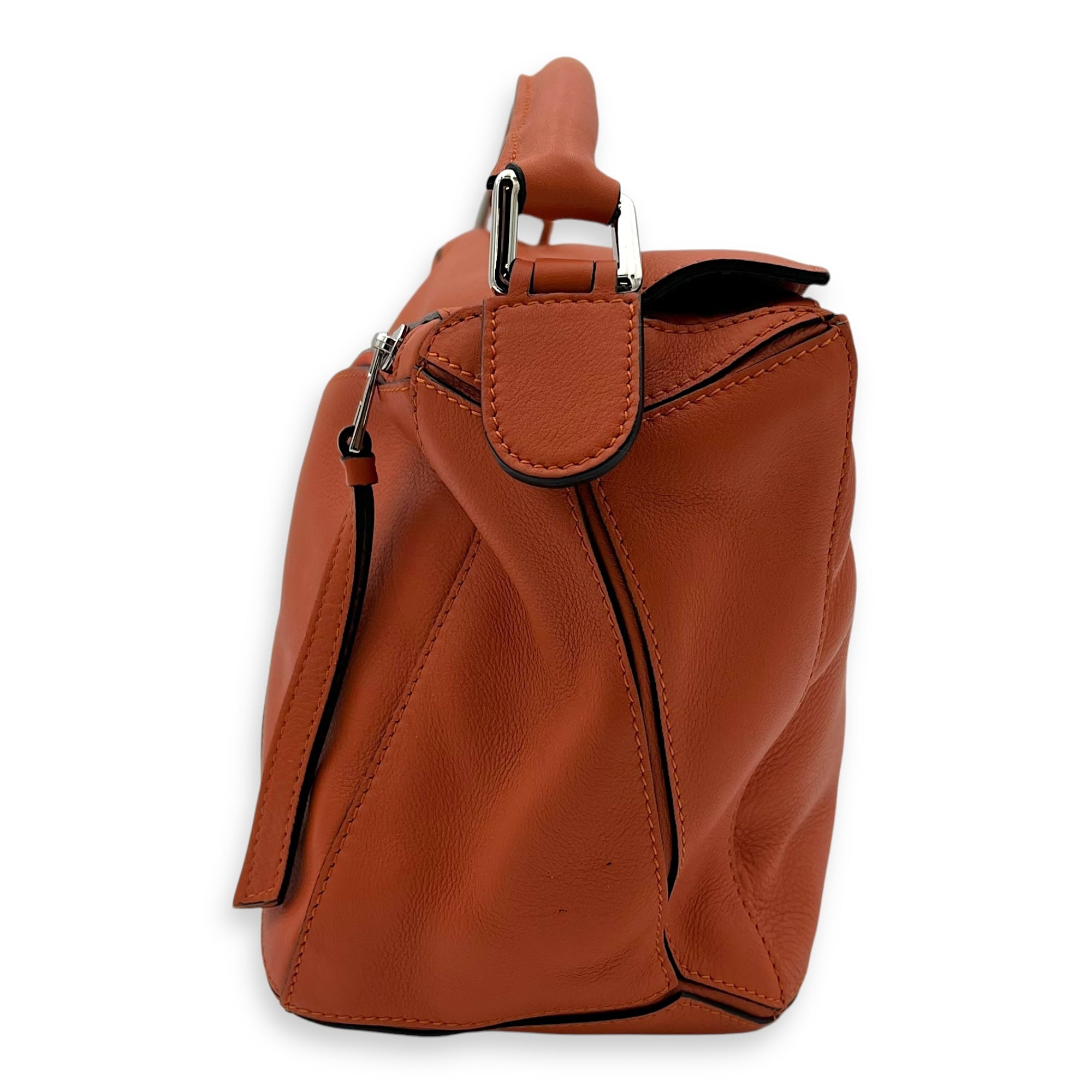 Puzzle Medium Orange Top Handle Bag in Calfskin, Silver hardware