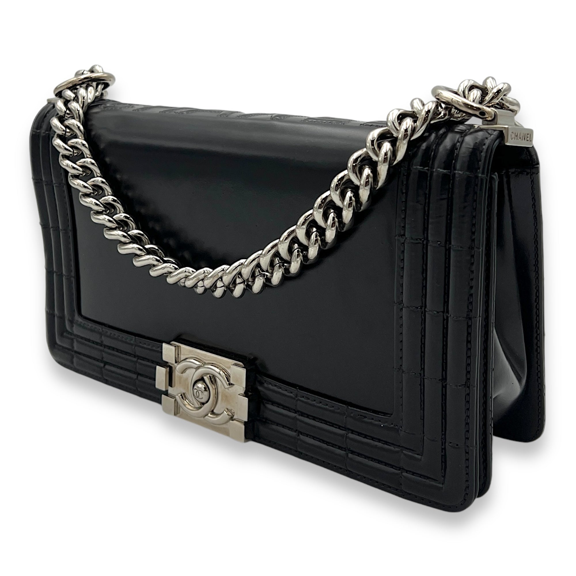 Boy Shoulder Bag Black in Calfskin, Silver hardware