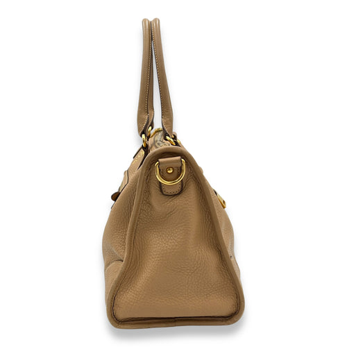 Logo Top Handle Bag Brown in Calfskin, Gold hardware