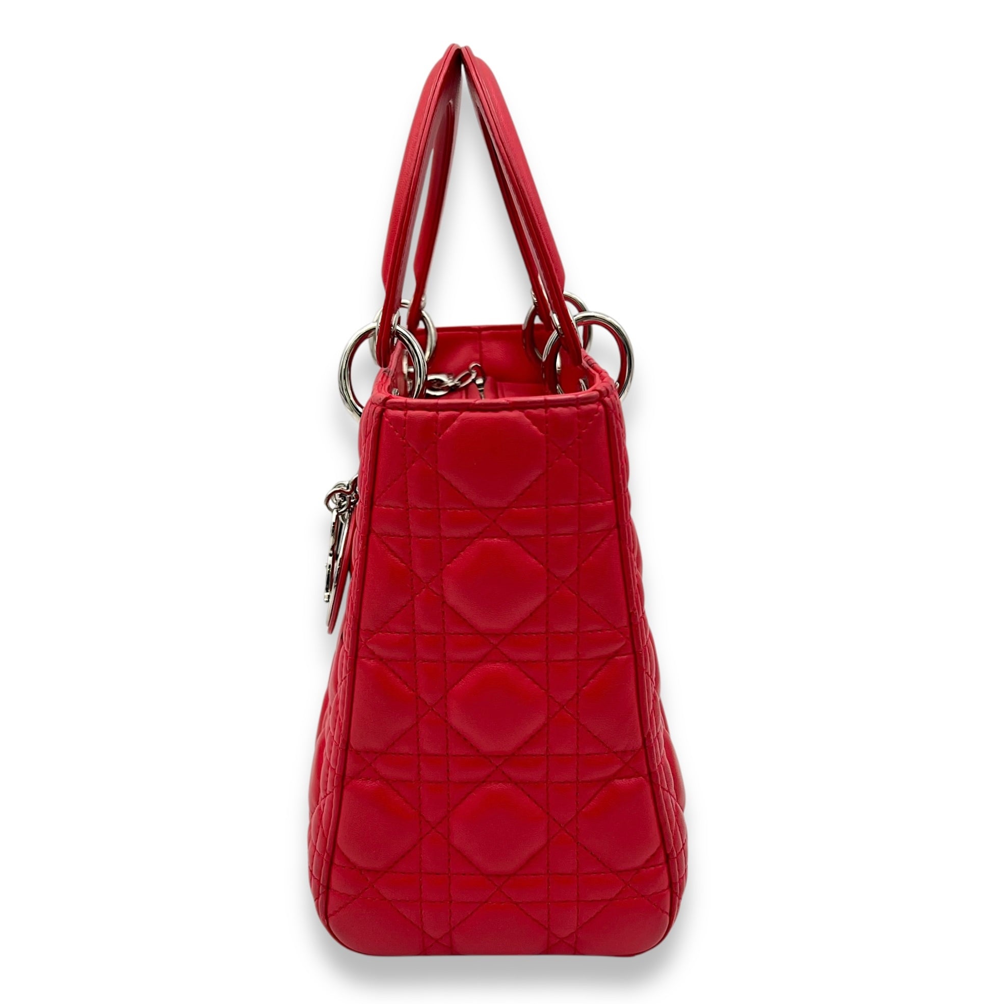 Christian Dior Lady Dior Medium Red Top Handle Bag in Calfskin, Silver hardware_4