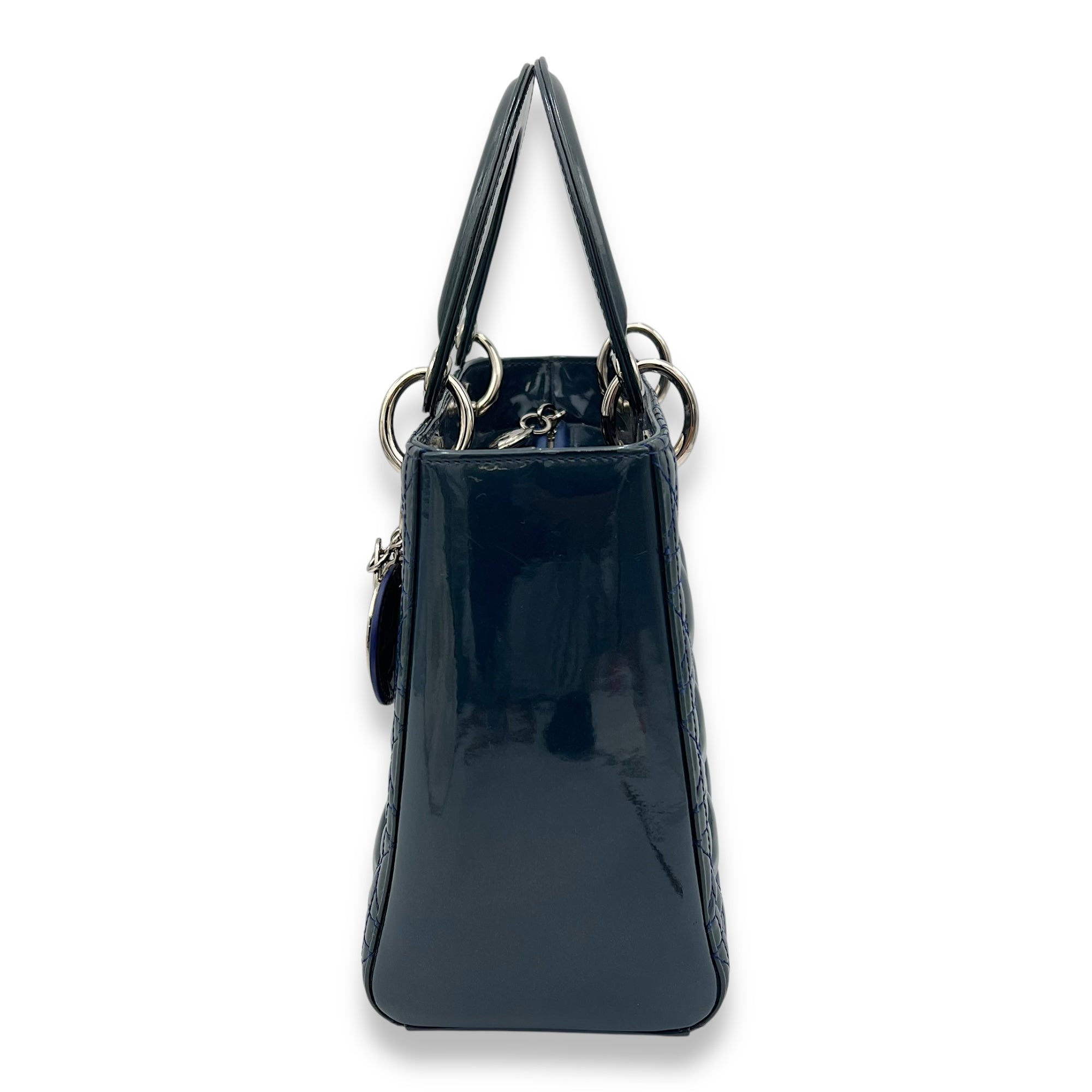 Christian Dior Lady Dior Medium Blue Top Handle Bag in Patent Leather, Silver hardware_4