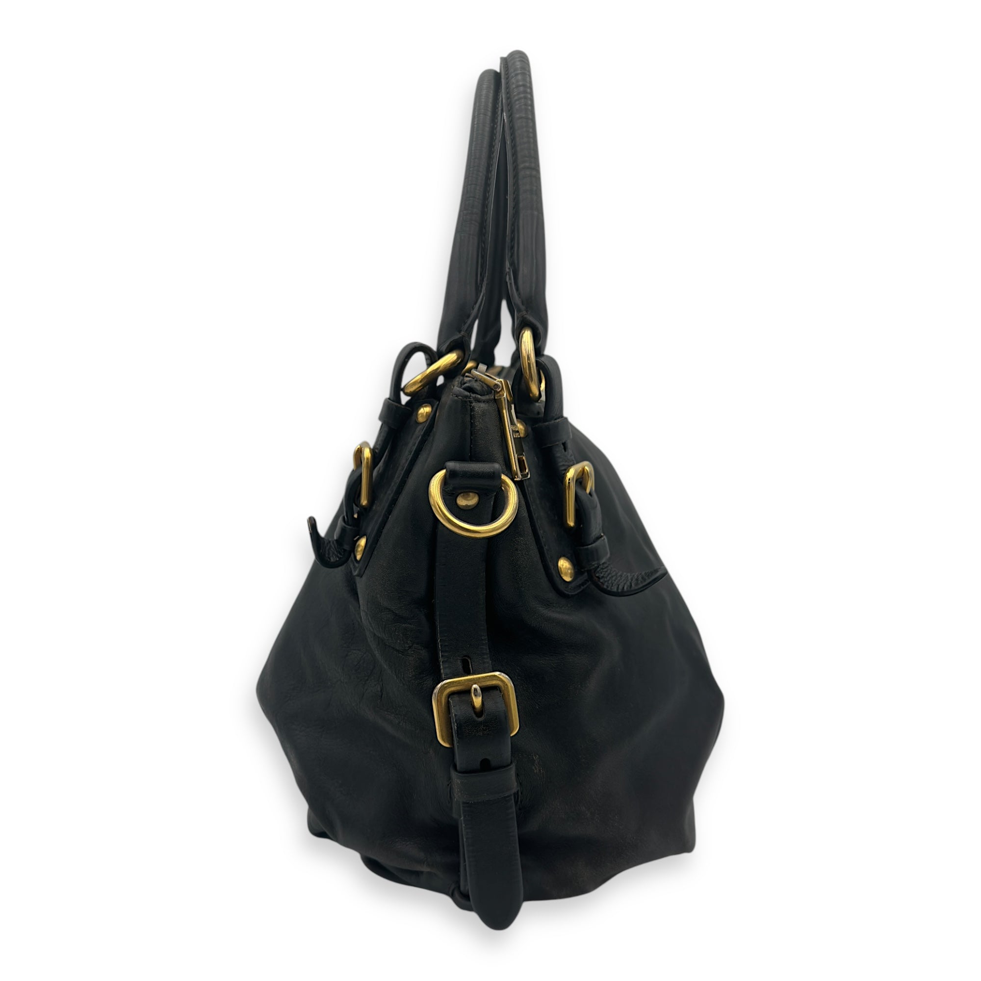 Prada Logo Top Handle Bag Black in Calfskin, Gold hardware_8