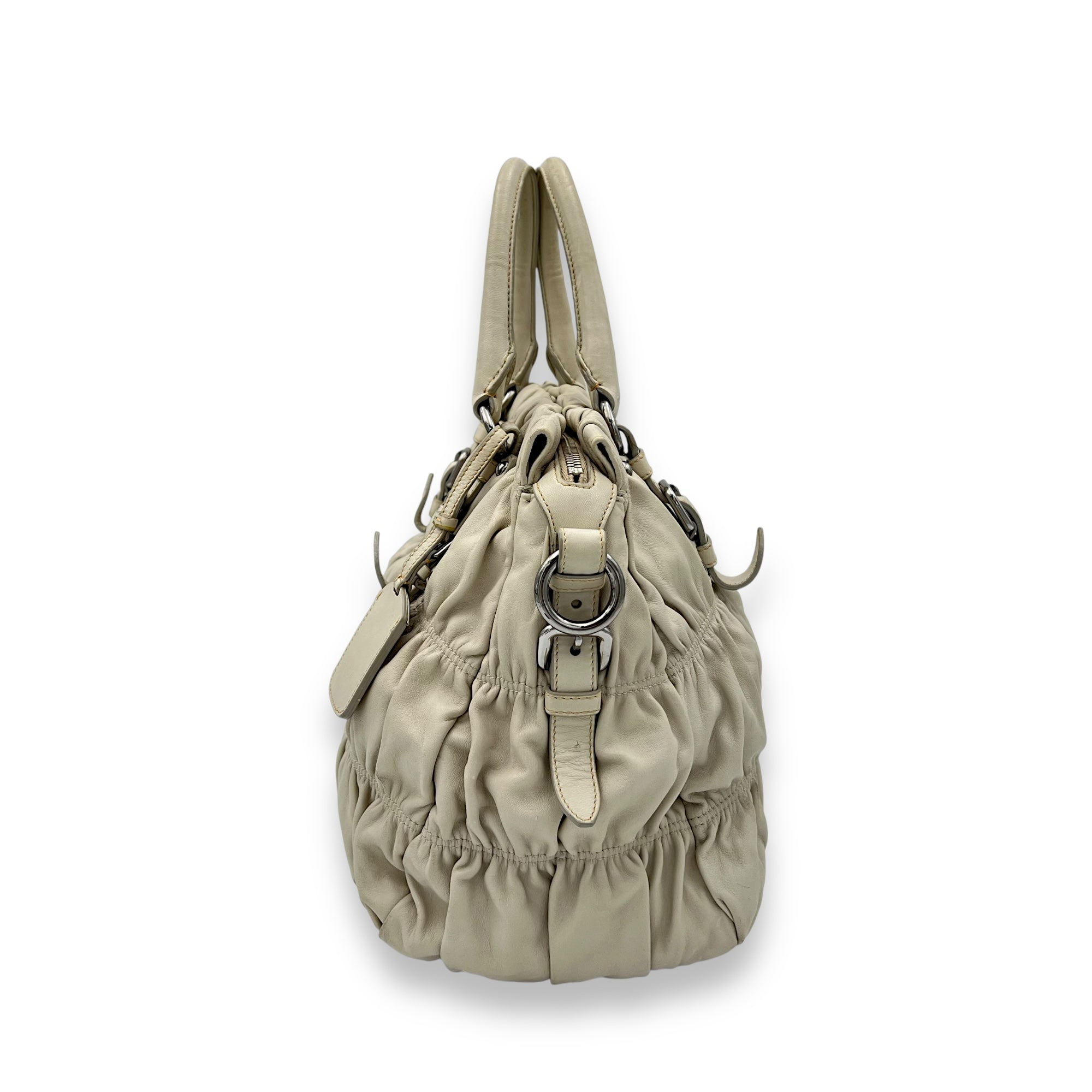 Prada Gaufre Beige Top Handle Bag in Lambskin, Silver hardware_4