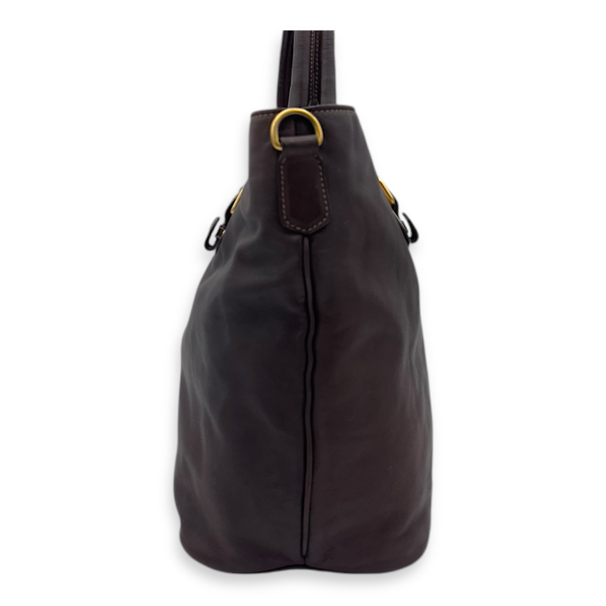 Prada Logo Brown Top Handle Bag in Calfskin, Gold hardware_8