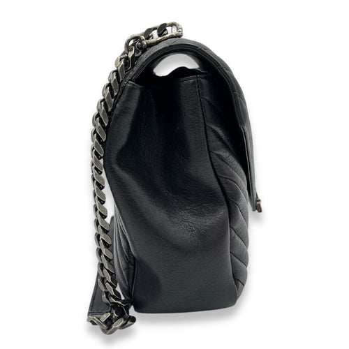 Saint Laurent College Large Black Shoulder Bag in Calfskin, Silver hardware_3