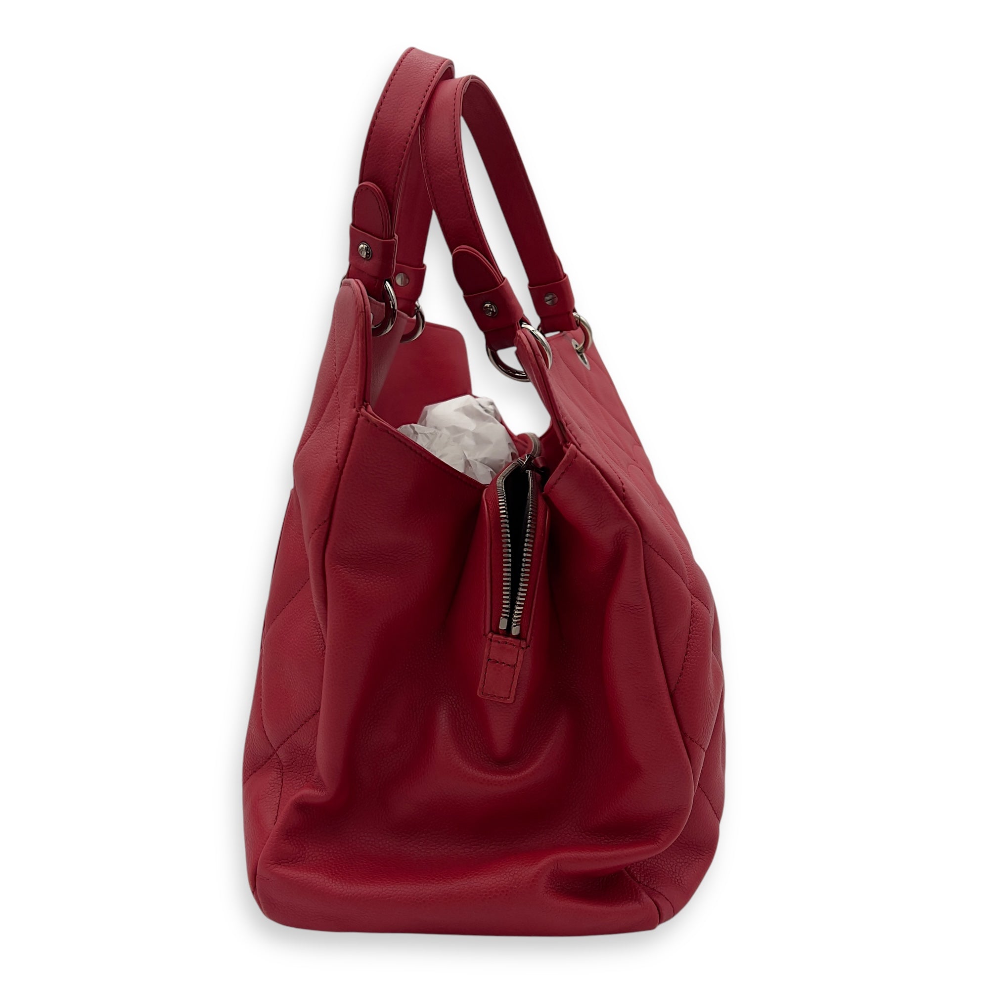 Chanel CC Tote Bag Red in Caviar Leather, Silver hardware_4