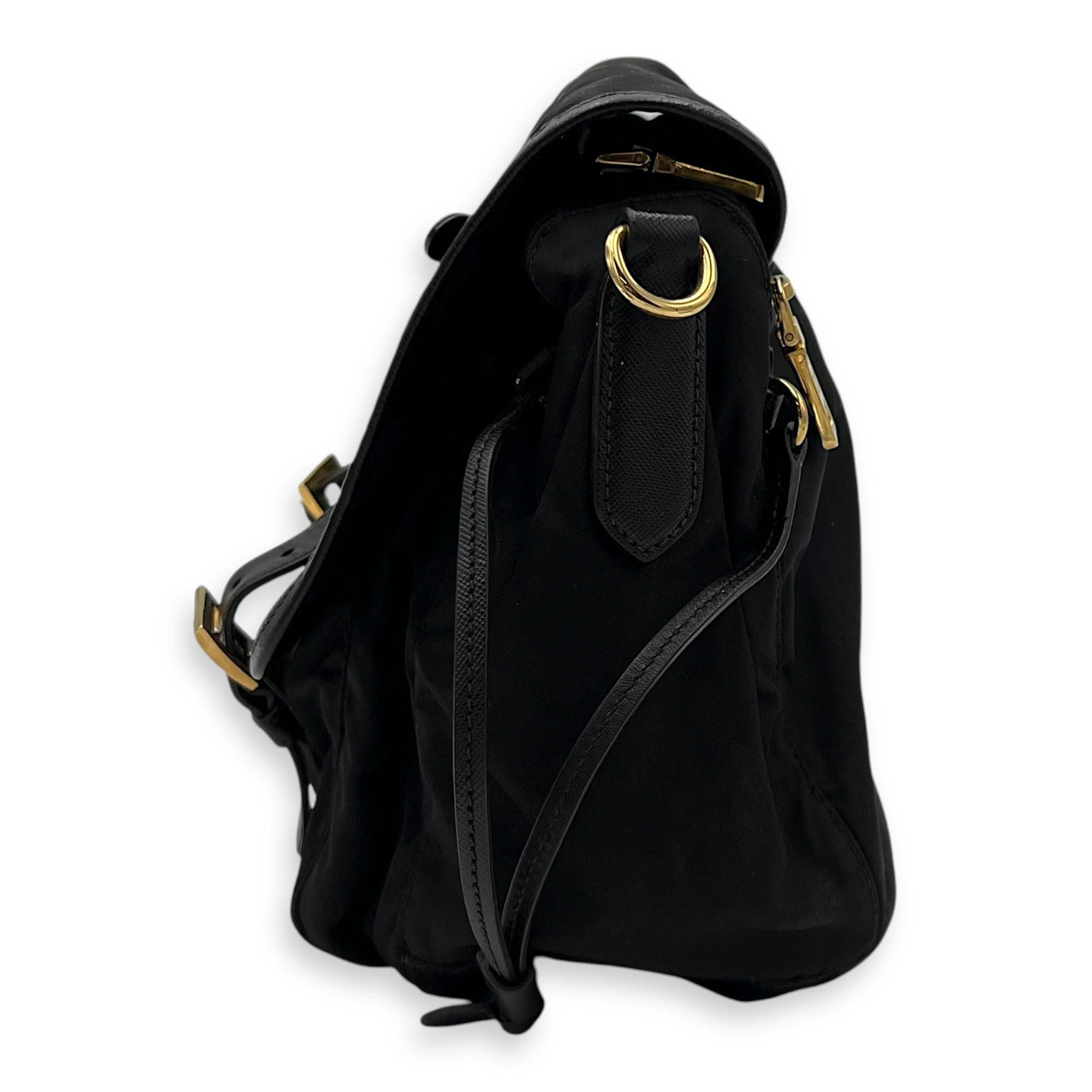 Prada Logo Messenger Black in Nylon, Gold hardware_4