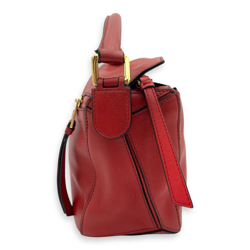 Loewe Puzzle Small Red Top Handle Bag in Calfskin, Gold hardware_4