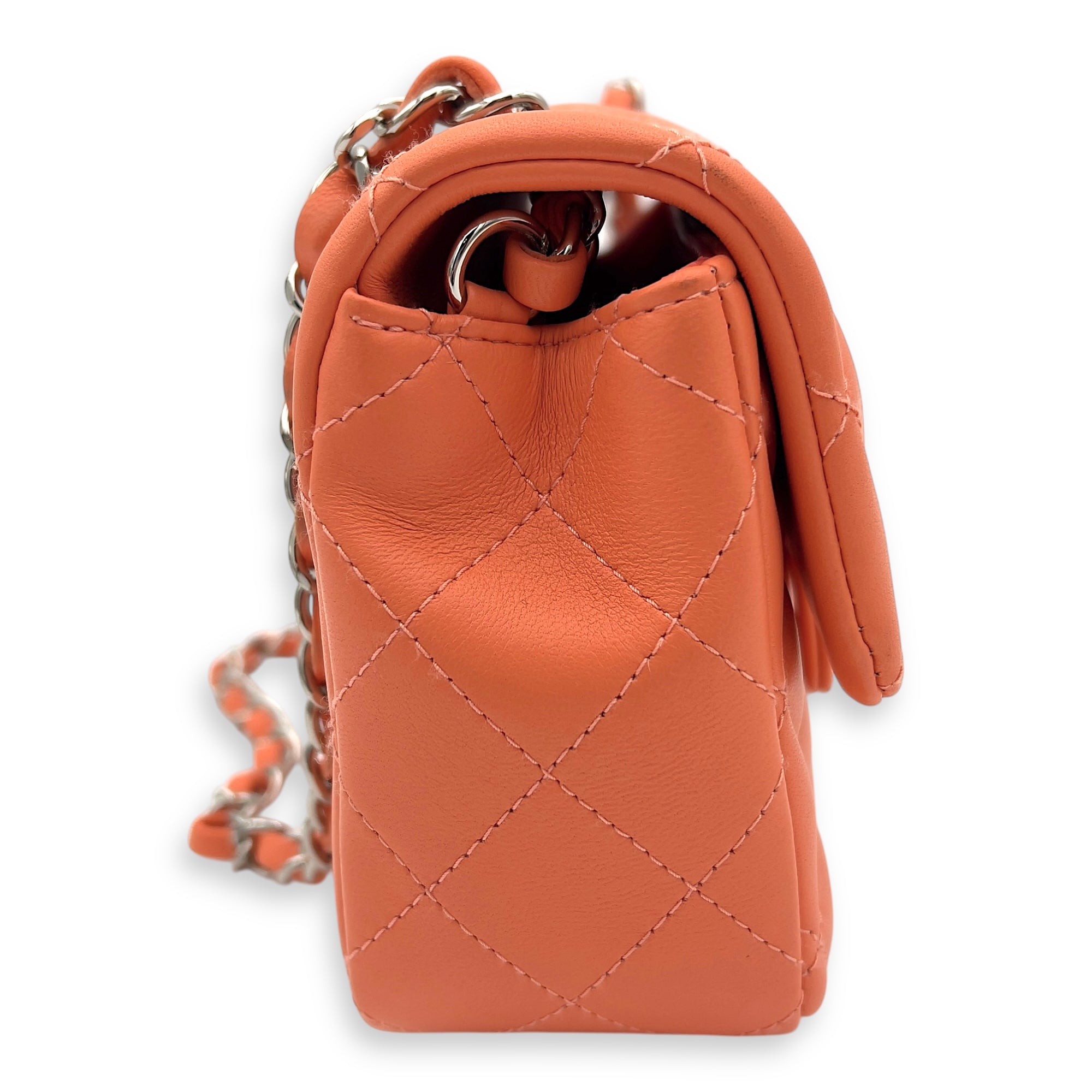 Chanel Mini Rectangle Shoulder Bag Orange in Lambskin, Silver hardware_4