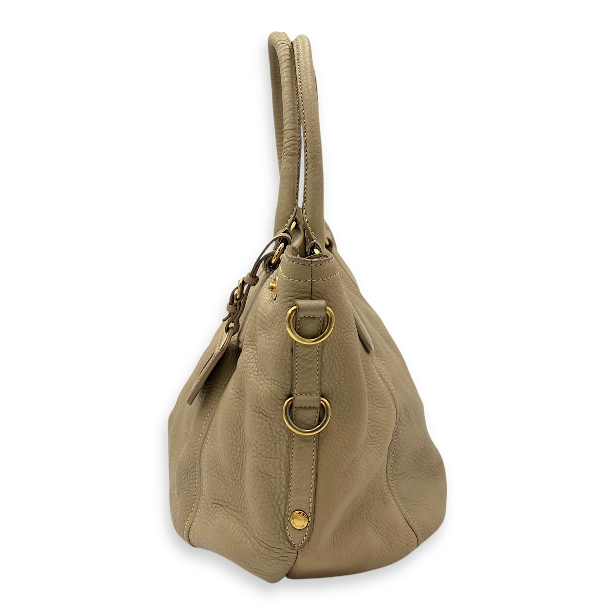 Prada Logo Top Handle Bag Beige in Calfskin, Gold hardware_4