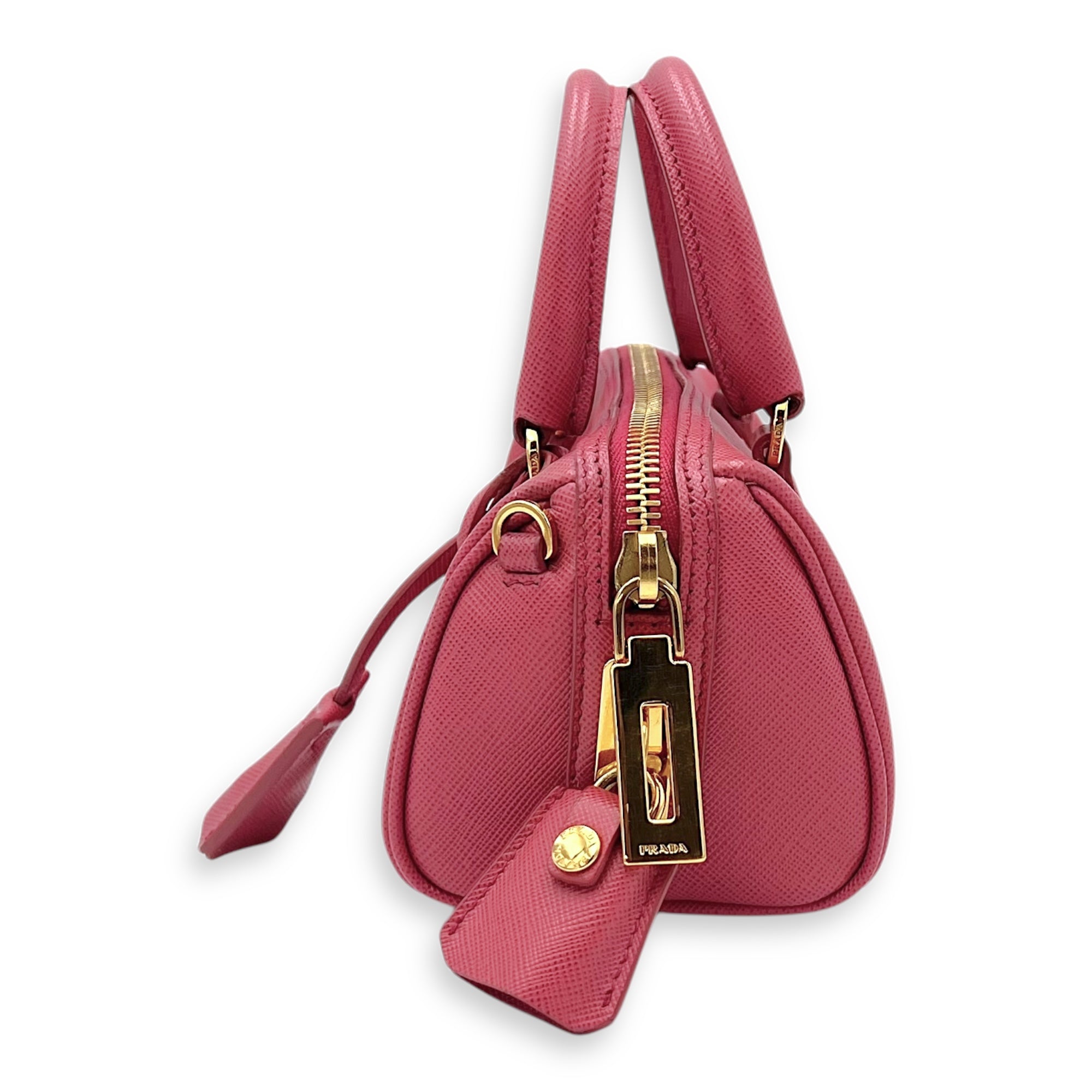 Prada Convertible Bowler Boston Mini Pink Top Handle Bag in Saffiano Leather, Gold hardware_4