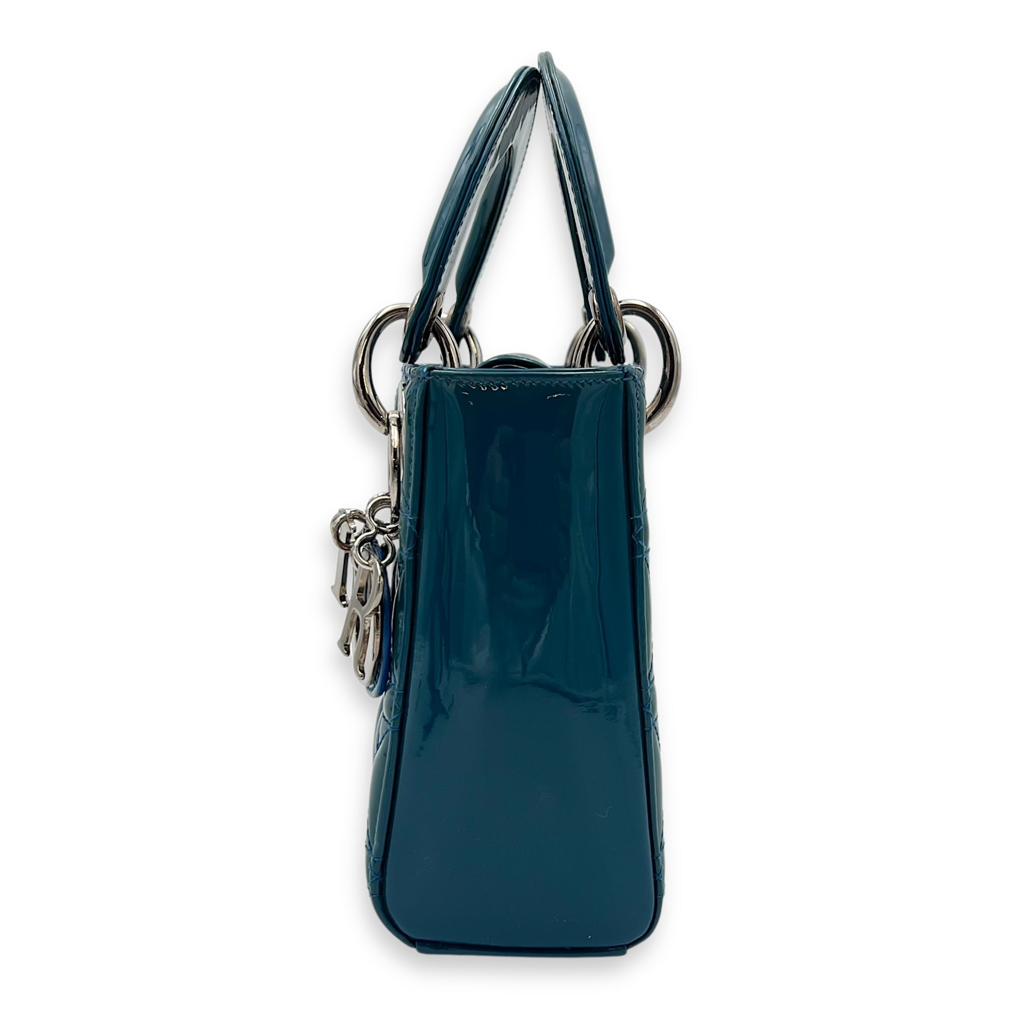 Christian Dior Lady Dior Mini Blue Top Handle Bag in Patent Leather, Silver hardware_4