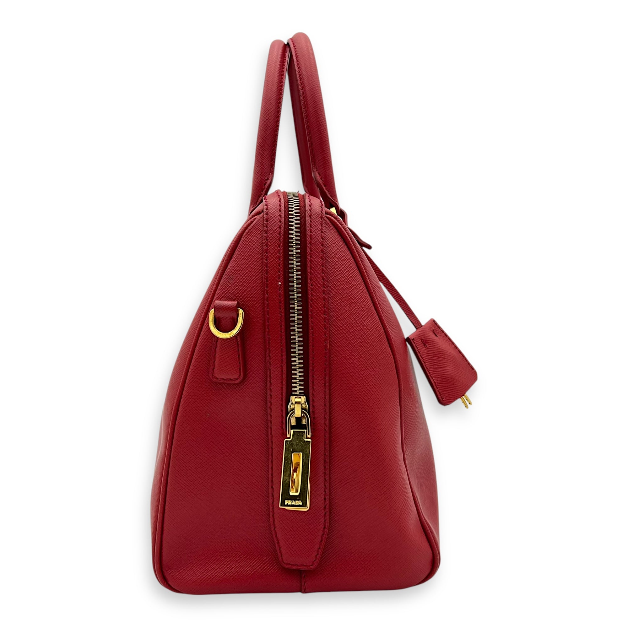 Prada Logo Top Handle Bag Red in Saffiano Leather, Gold hardware_4