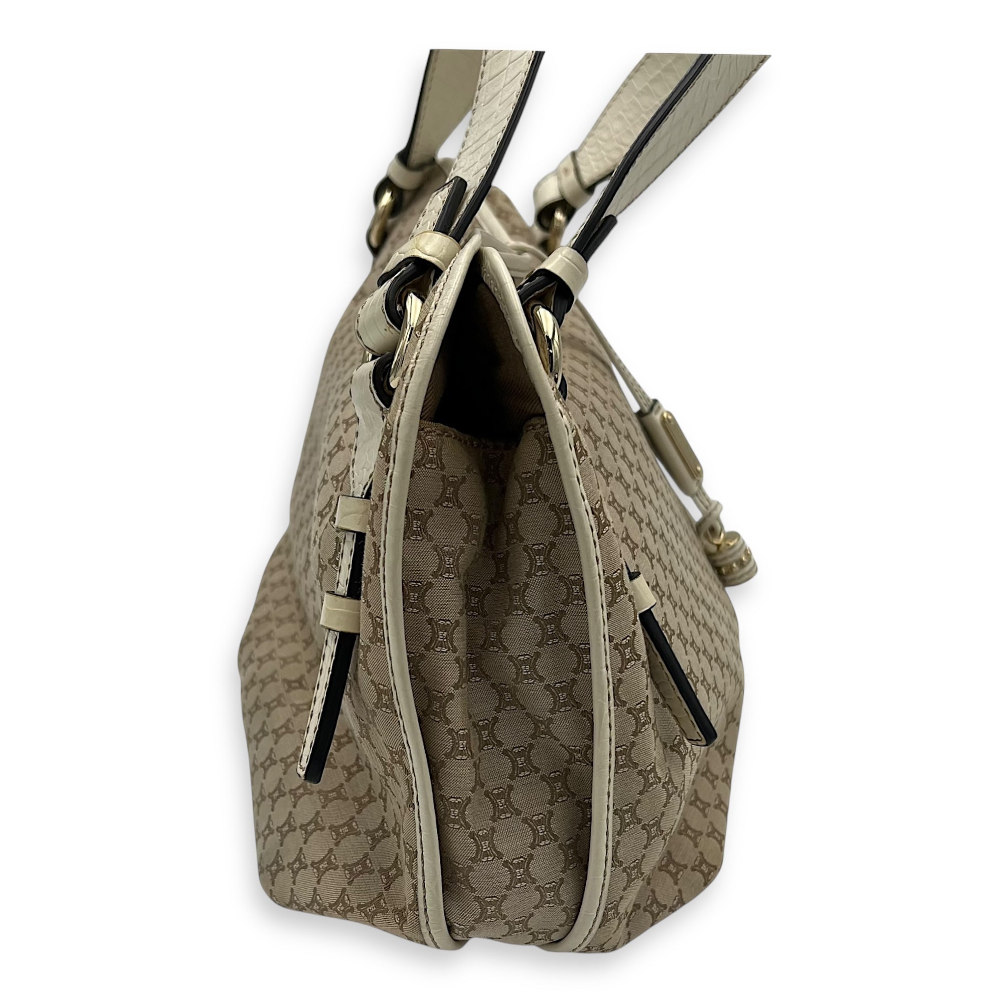 Celine Vintage Macadam Top Handle Bag White in Jacquard, Gold hardware_2