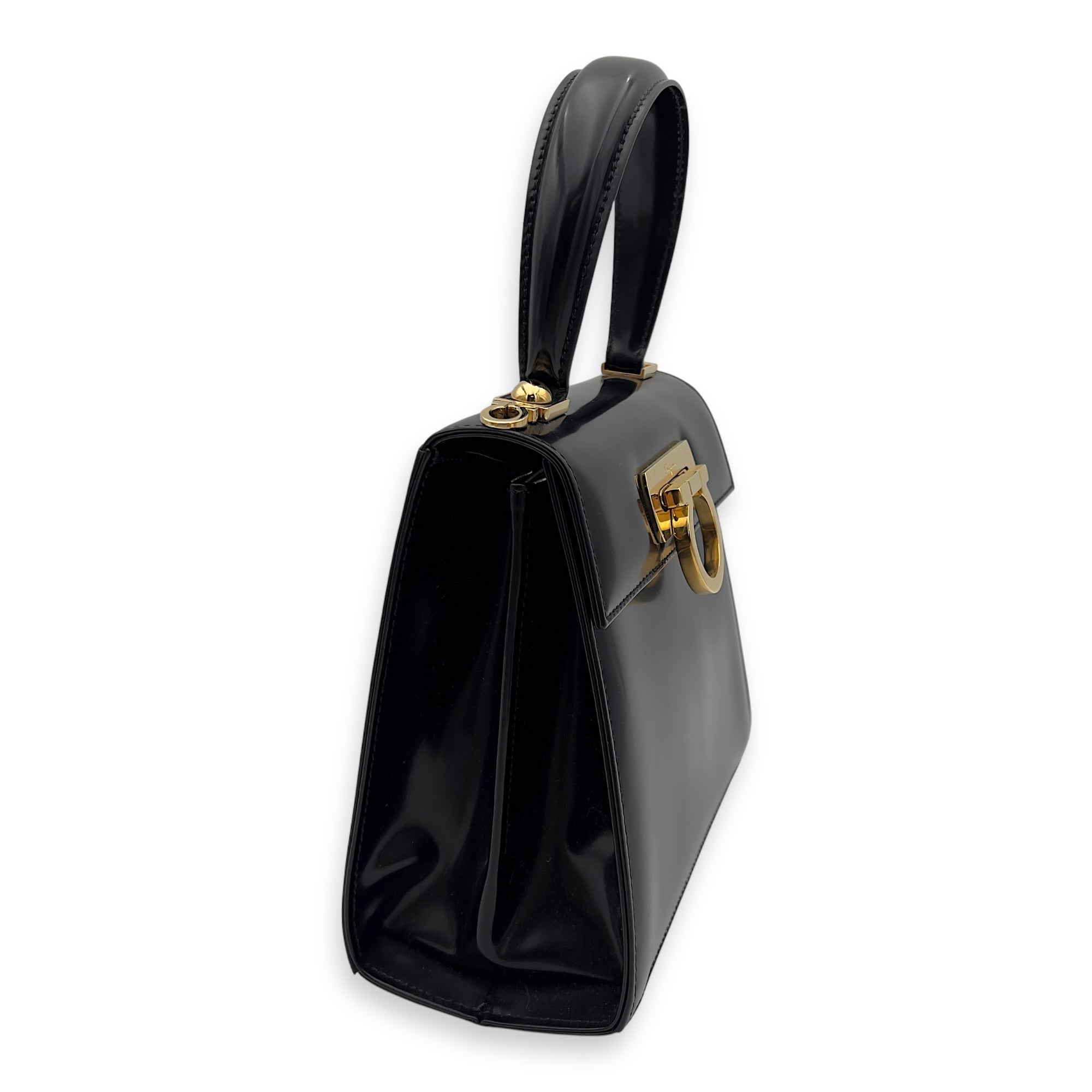 Salvatore Ferragamo Logo Top Handle Bag Black in Calfskin, Gold hardware_4