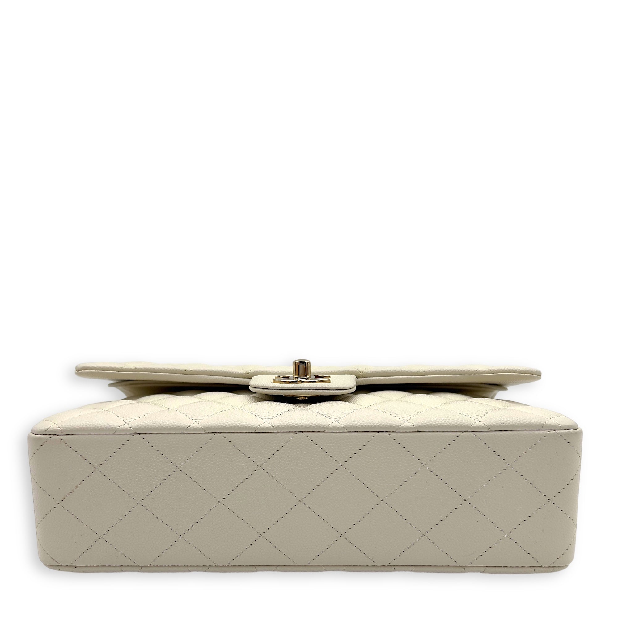 Chanel Classic Shoulder Bag White in Caviar Leather, Light Gold hardware_8