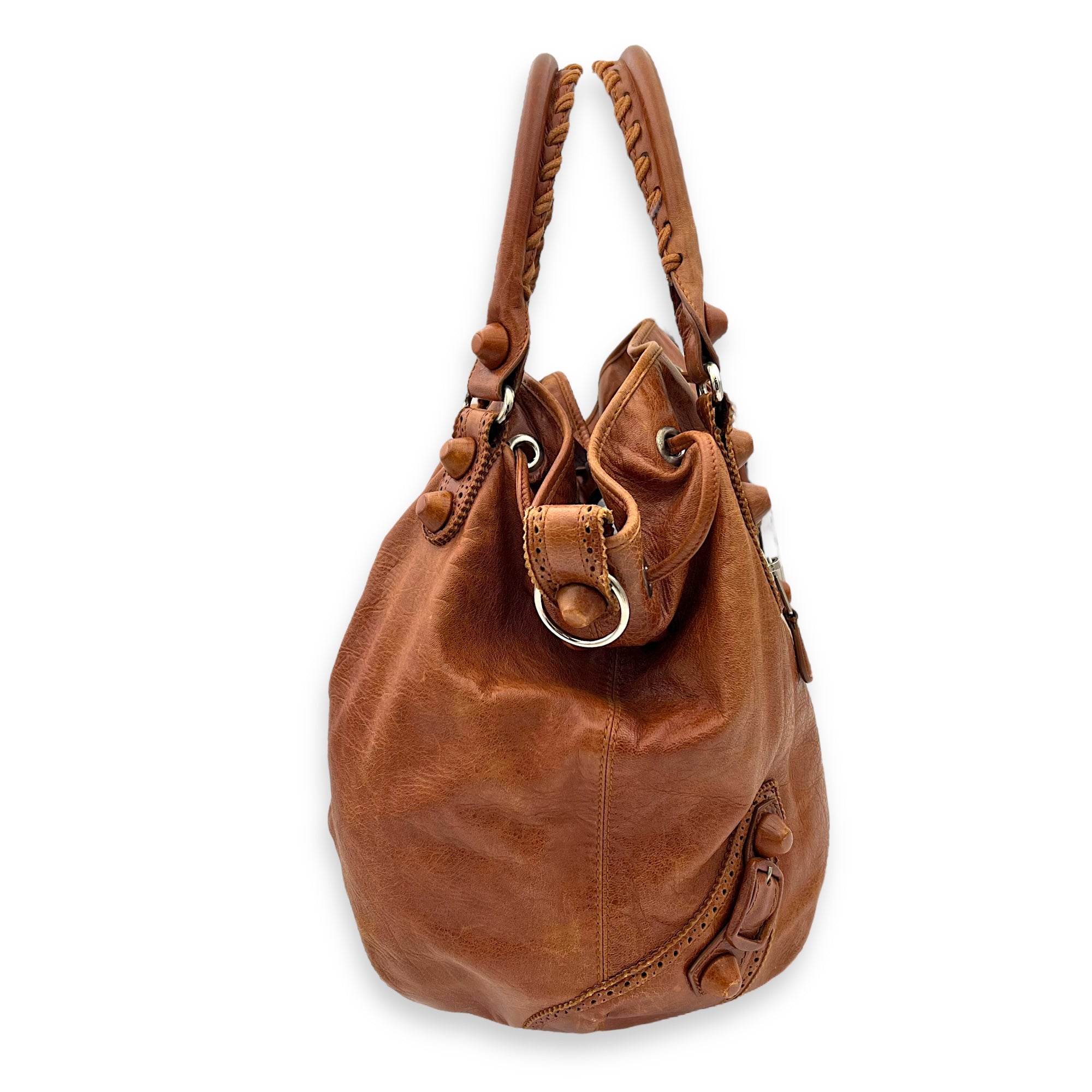 Balenciaga PomPon Shoulder Bag Brown in Distressed Leather, Silver hardware_6