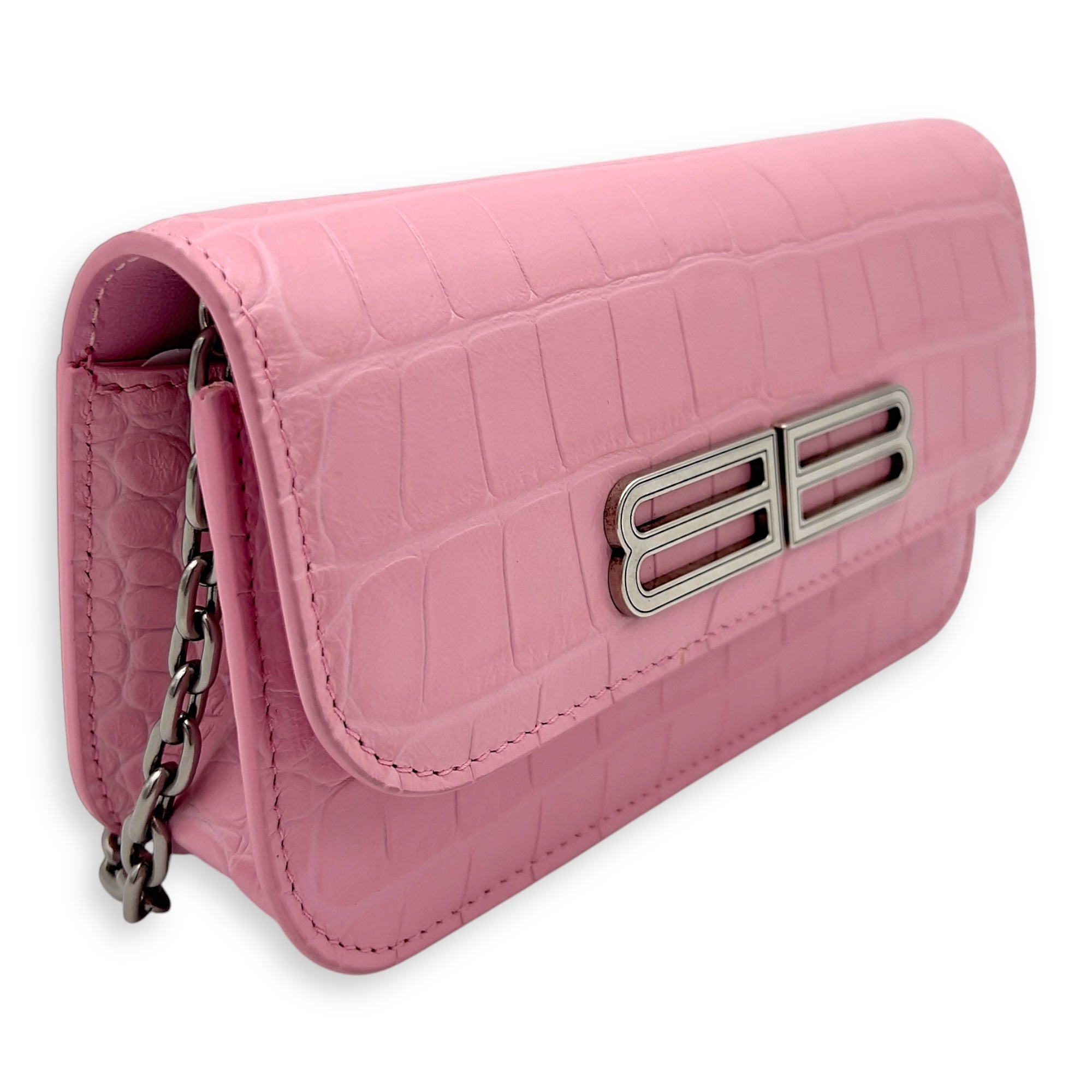Balenciaga Gossip Pink Wallet On Chain in Crocodile Embossed Calfskin, Silver hardware_4