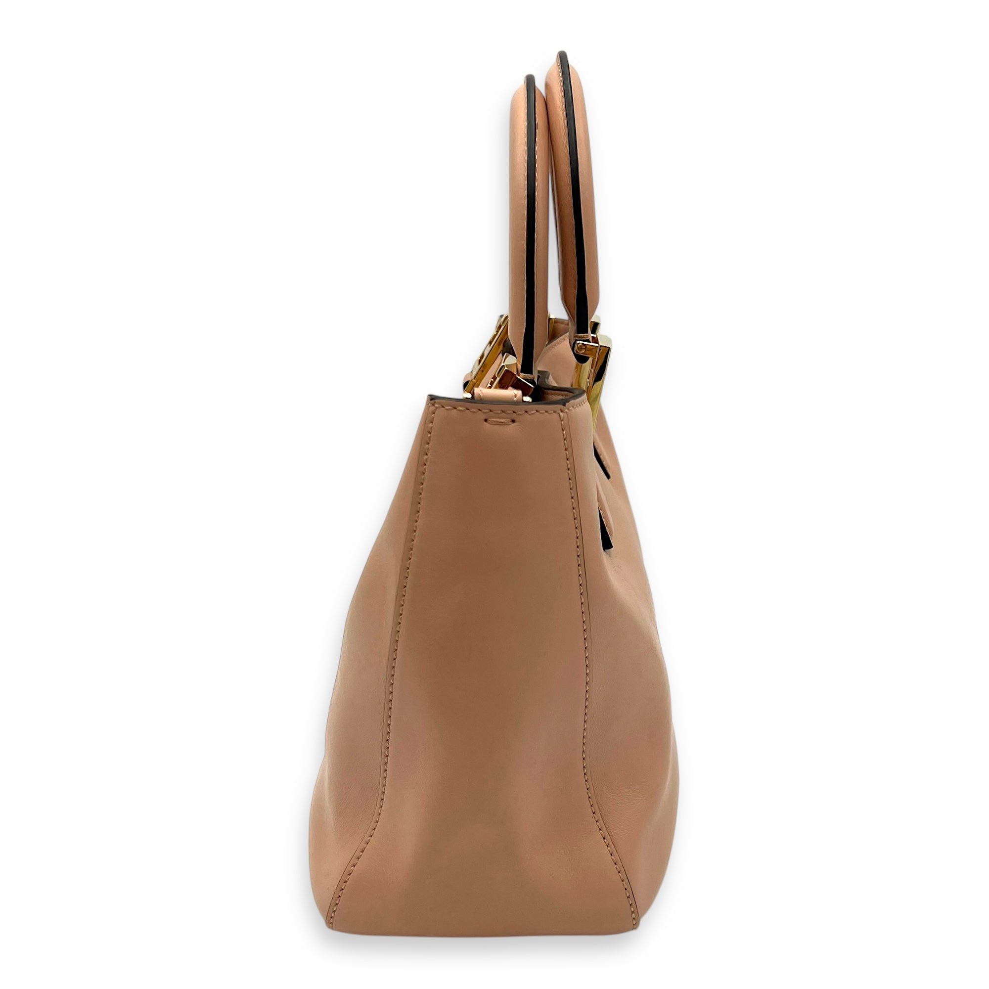 Fendi FF Logo Top Handle Bag Beige in Calfskin, Gold hardware_3