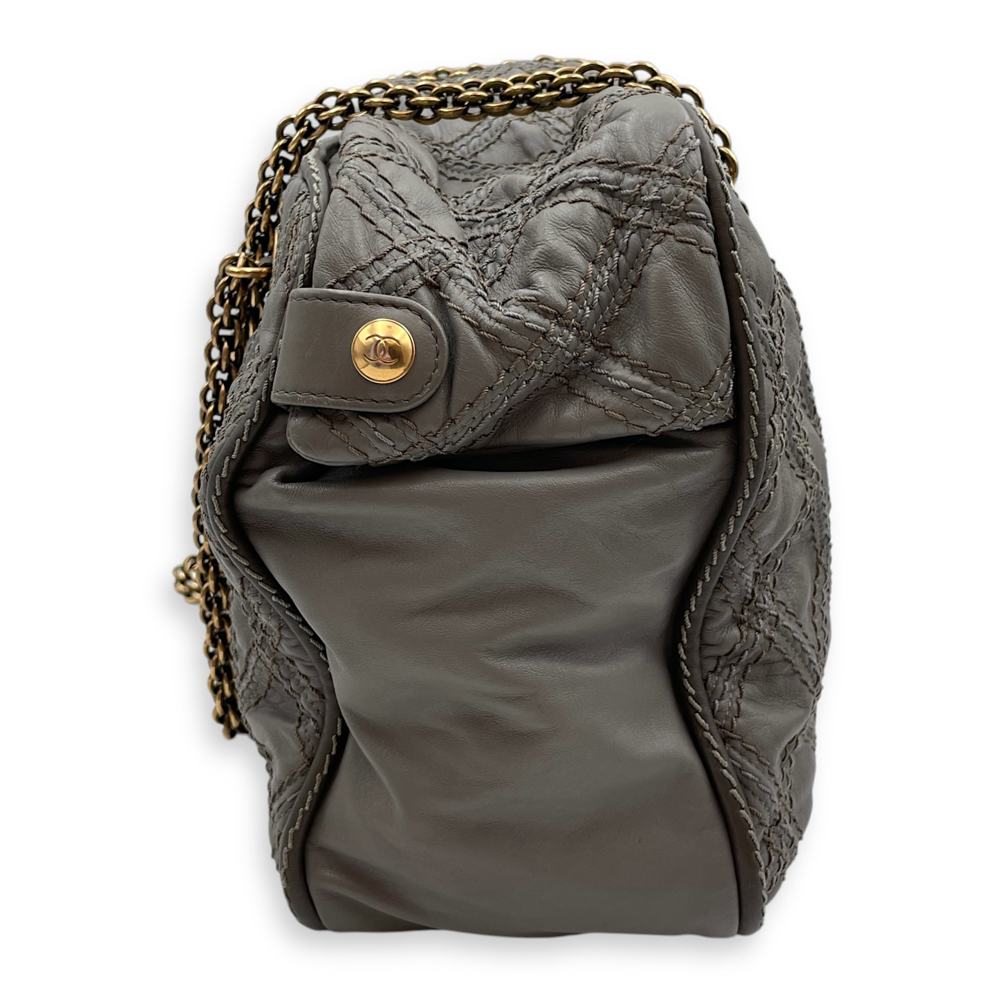 Quilted Stitches Triptych Grey Tote Bag in Calfskin, Gold hardware