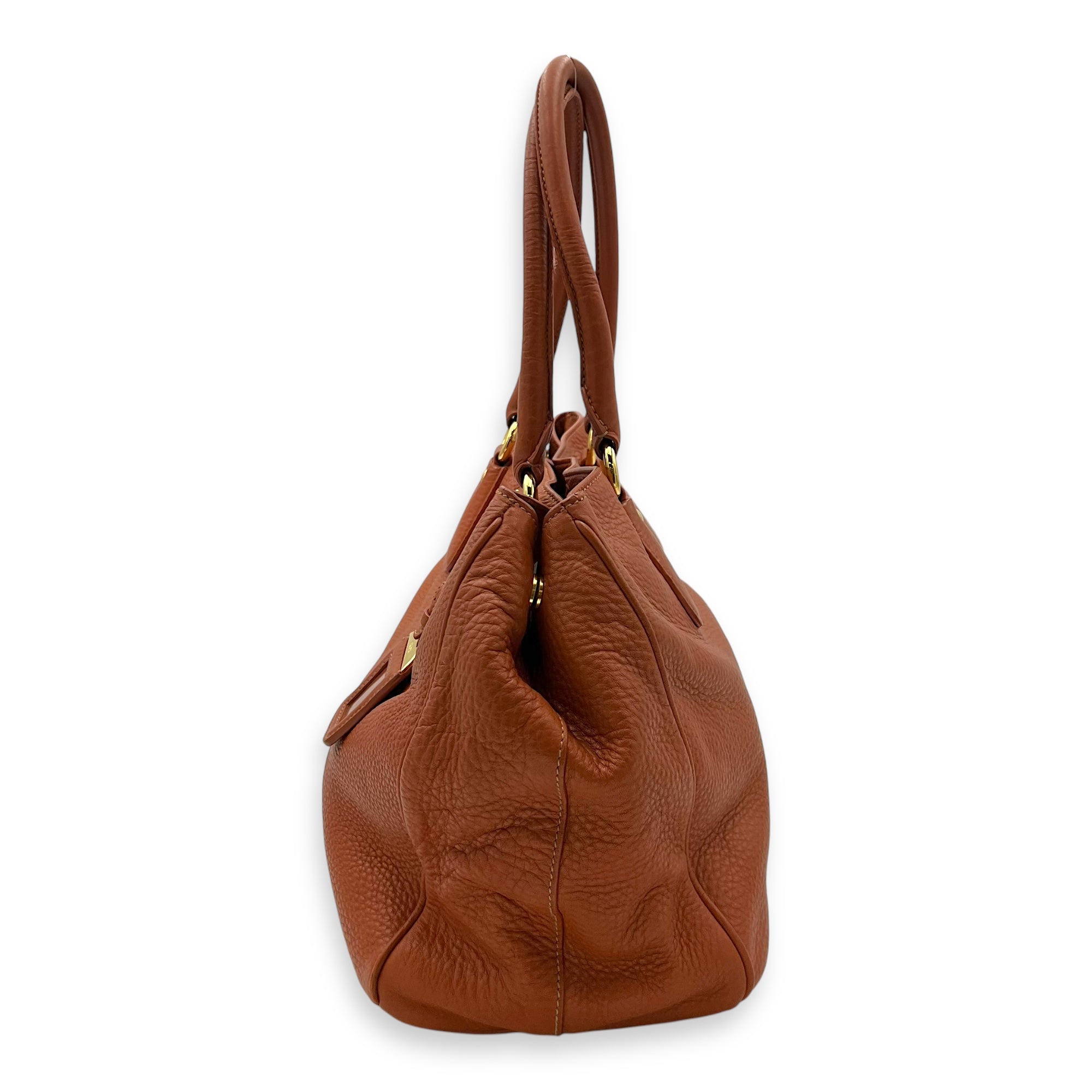 Prada Logo Top Handle Bag Orange in Calfskin, Gold hardware_4