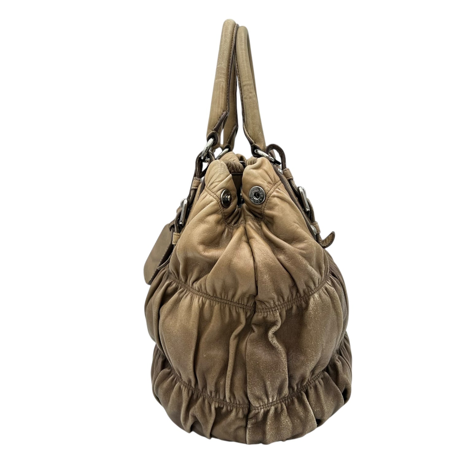 Prada Gaufre Top Handle Bag Brown in Calfskin, Silver hardware_4