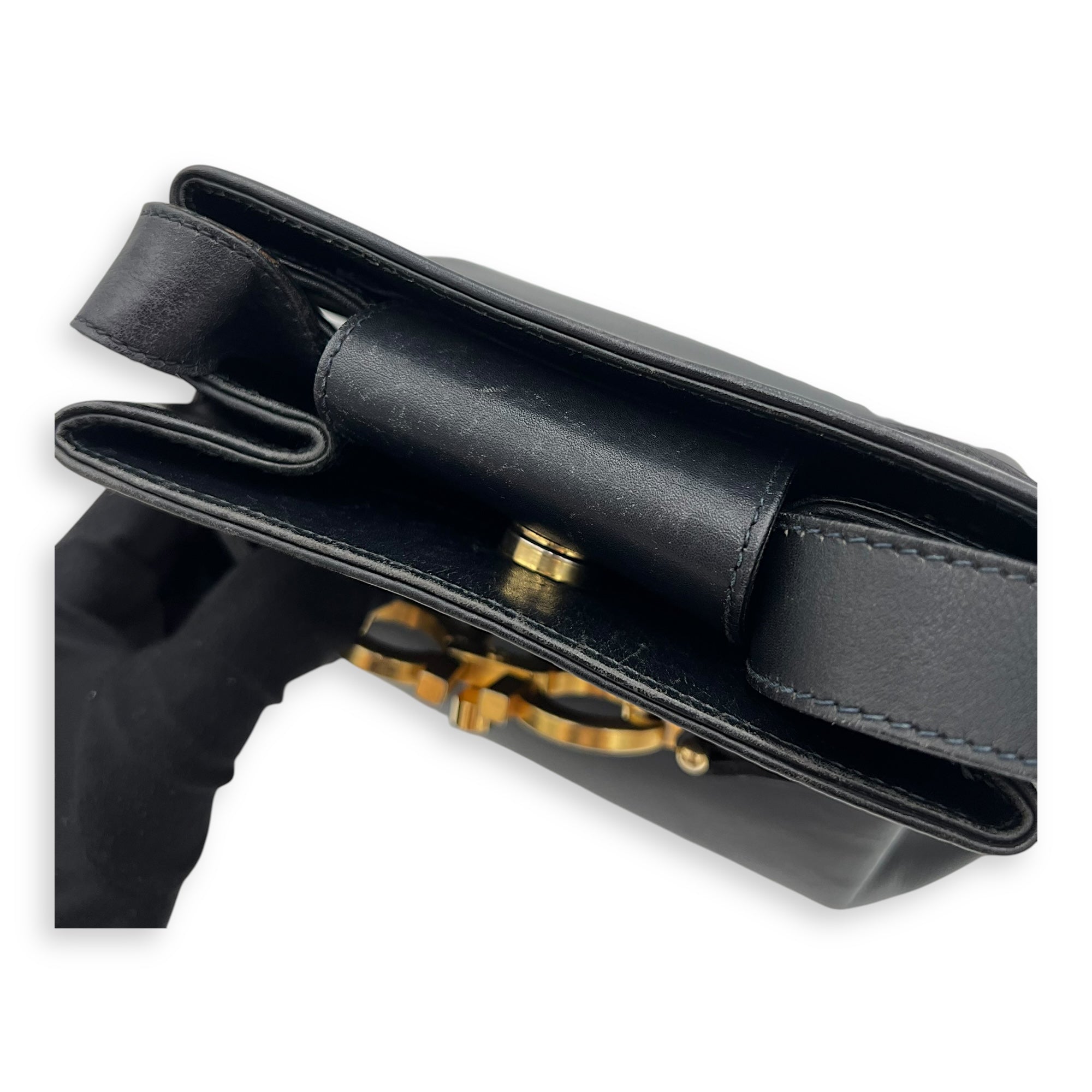 Salvatore Ferragamo Gancini Shoulder Bag Black in Calfskin, Gold hardware_14