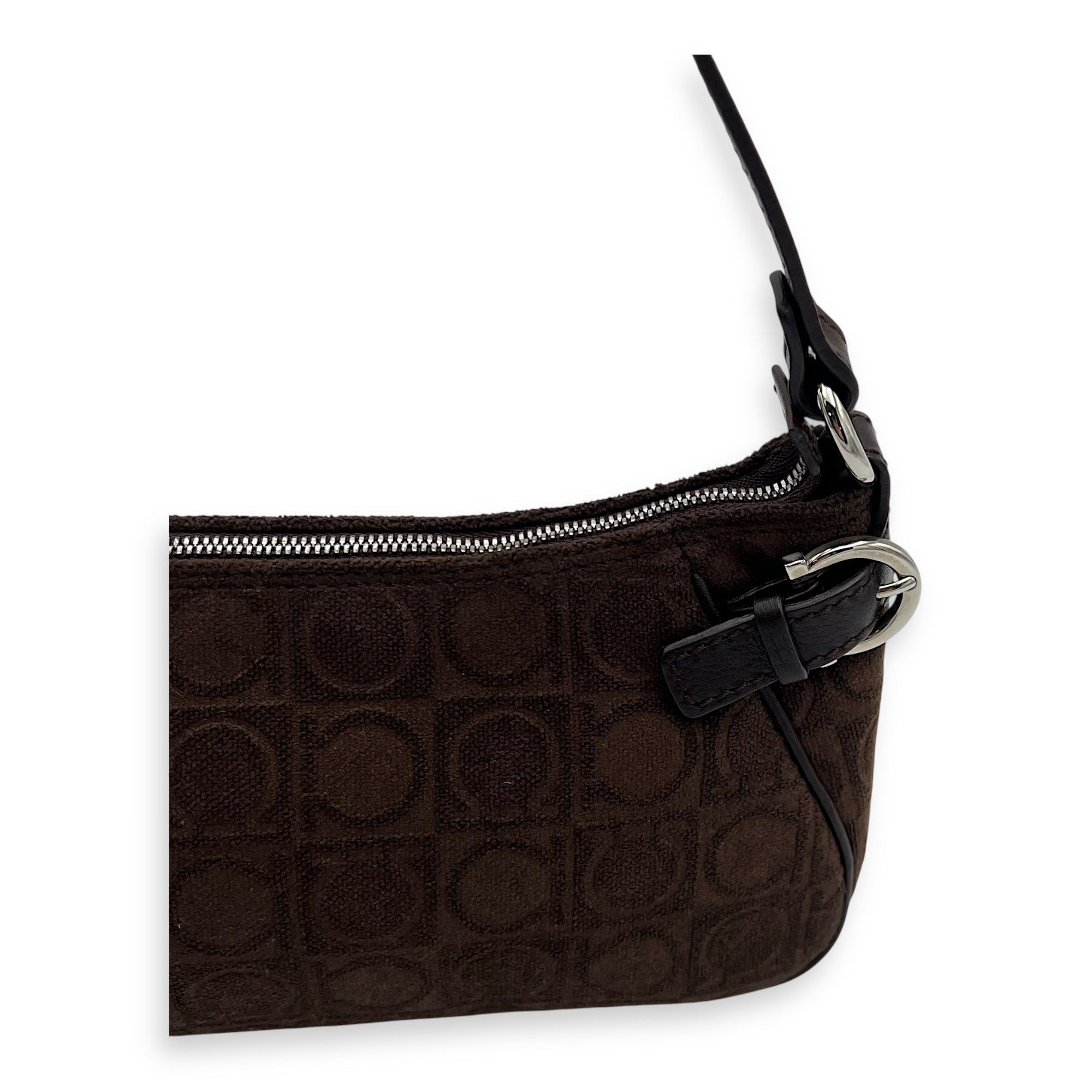 Salvatore Ferragamo Gancini Brown Shoulder Bag in Fabric, Silver hardware_8
