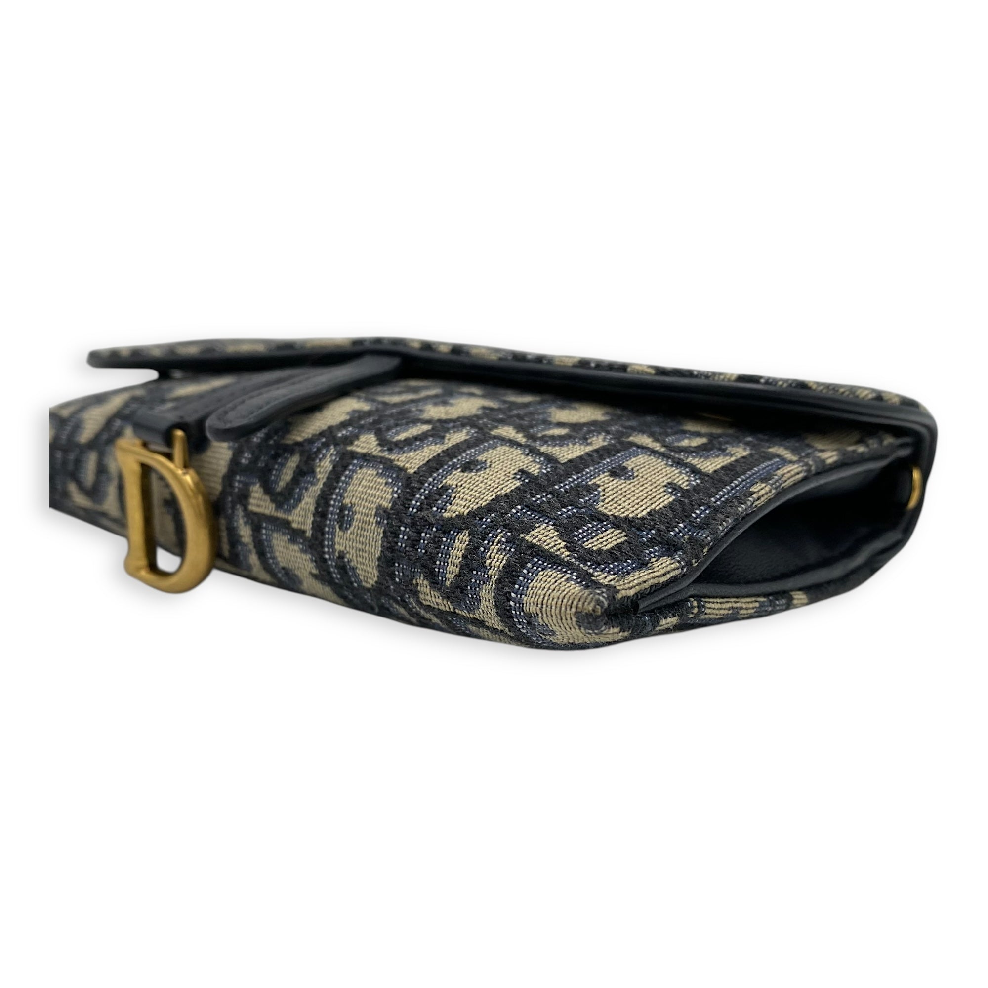 Christian Dior Saddle Wallet On Chain Blue in Jacquard, Gold hardware_8