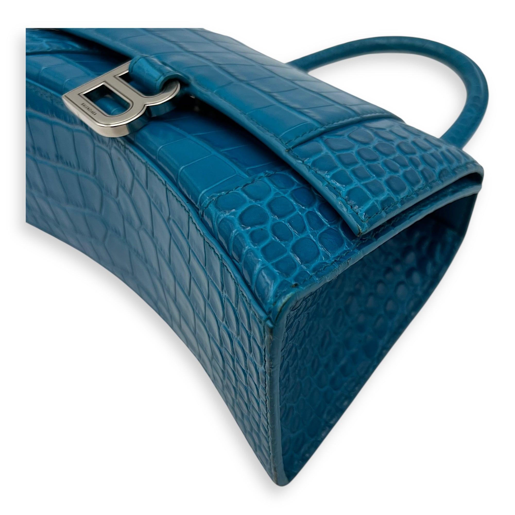 Balenciaga Hourglass Top Handle Bag Blue in Crocodile Embossed Calfskin, Silver hardware_8