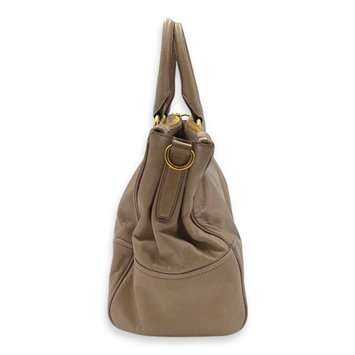 Prada Logo Top Handle Bag Beige in Calfskin, Gold hardware_4