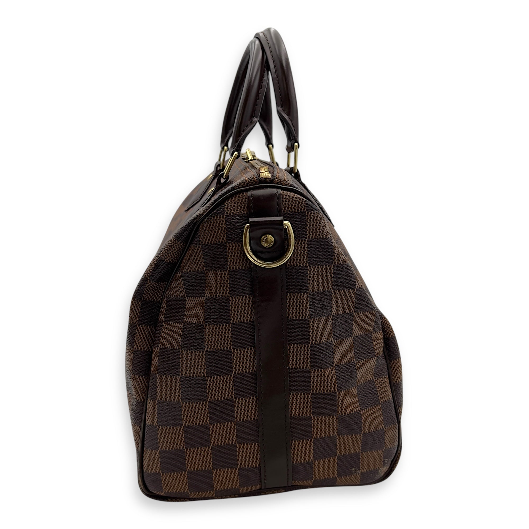 Louis Vuitton Speedy Bandouliere Top Handle Bag 30 Damier in Coated Canvas, Gold hardware_4