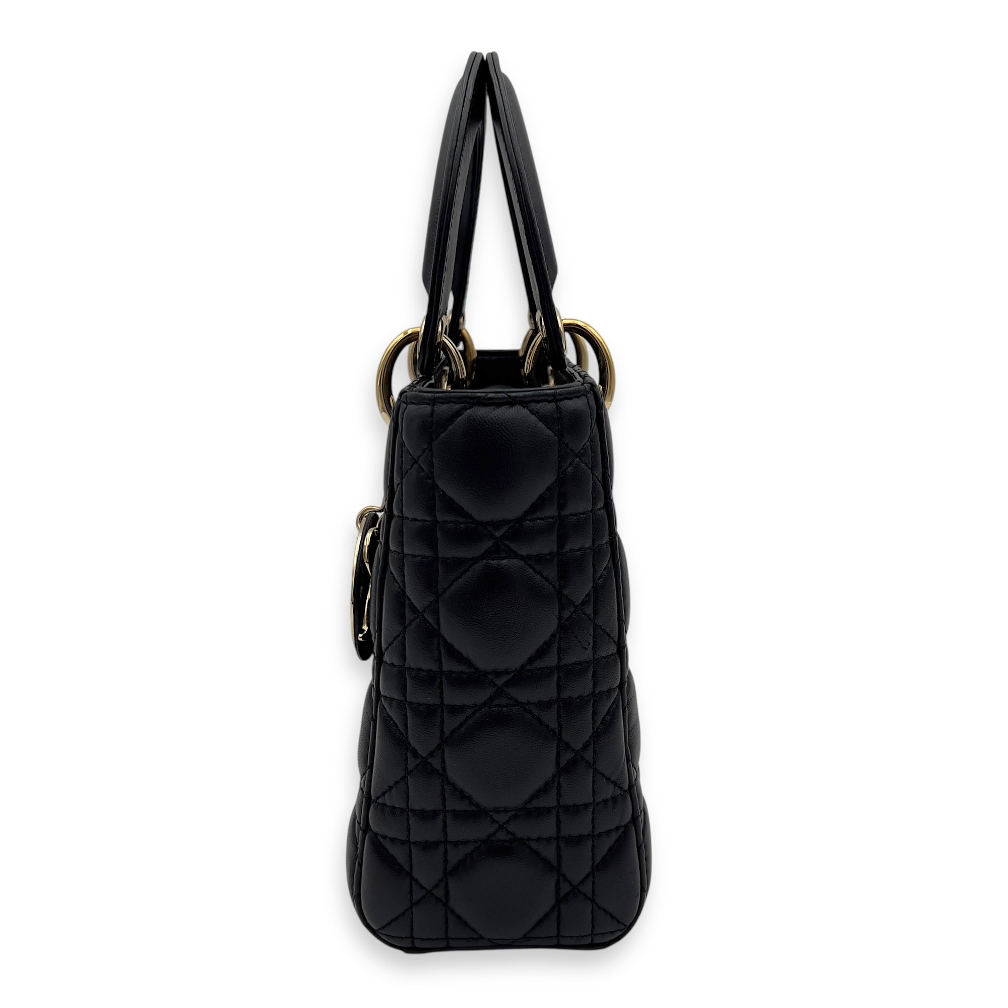 Christian Dior Lady Dior Small Black Top Handle Bag in Lambskin, Gold hardware_4