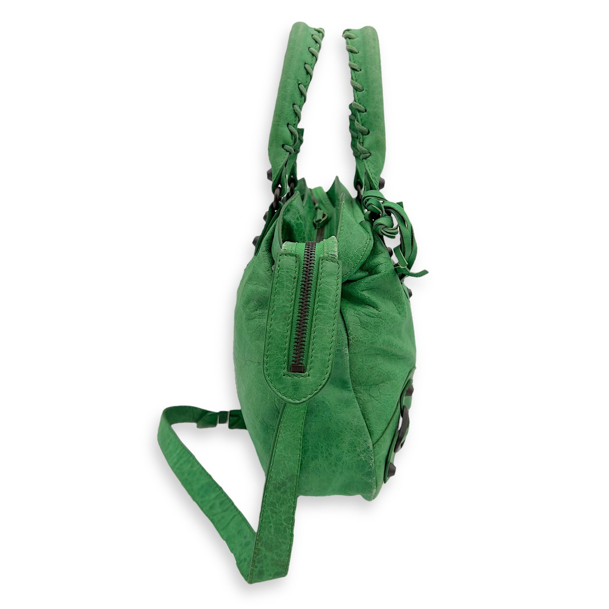 Balenciaga Motorcycle Town Green Top Handle Bag in Distressed Leather, Gunmetal hardware_4