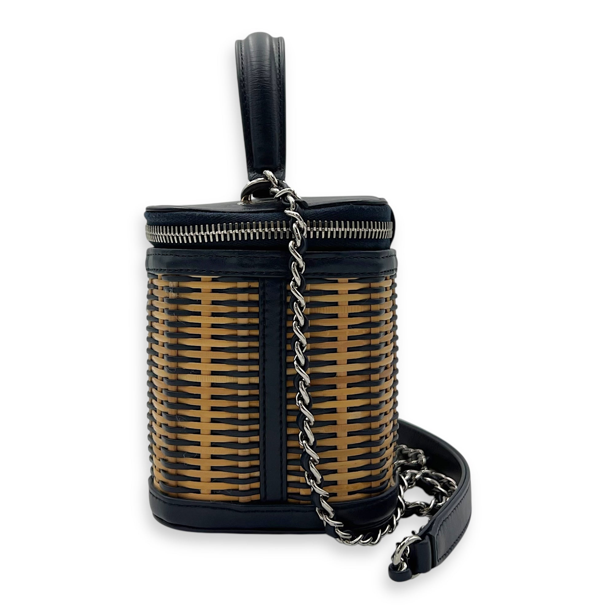 Chanel Vanity Crossbody Bag Blue in Rattan, Gold hardware_4
