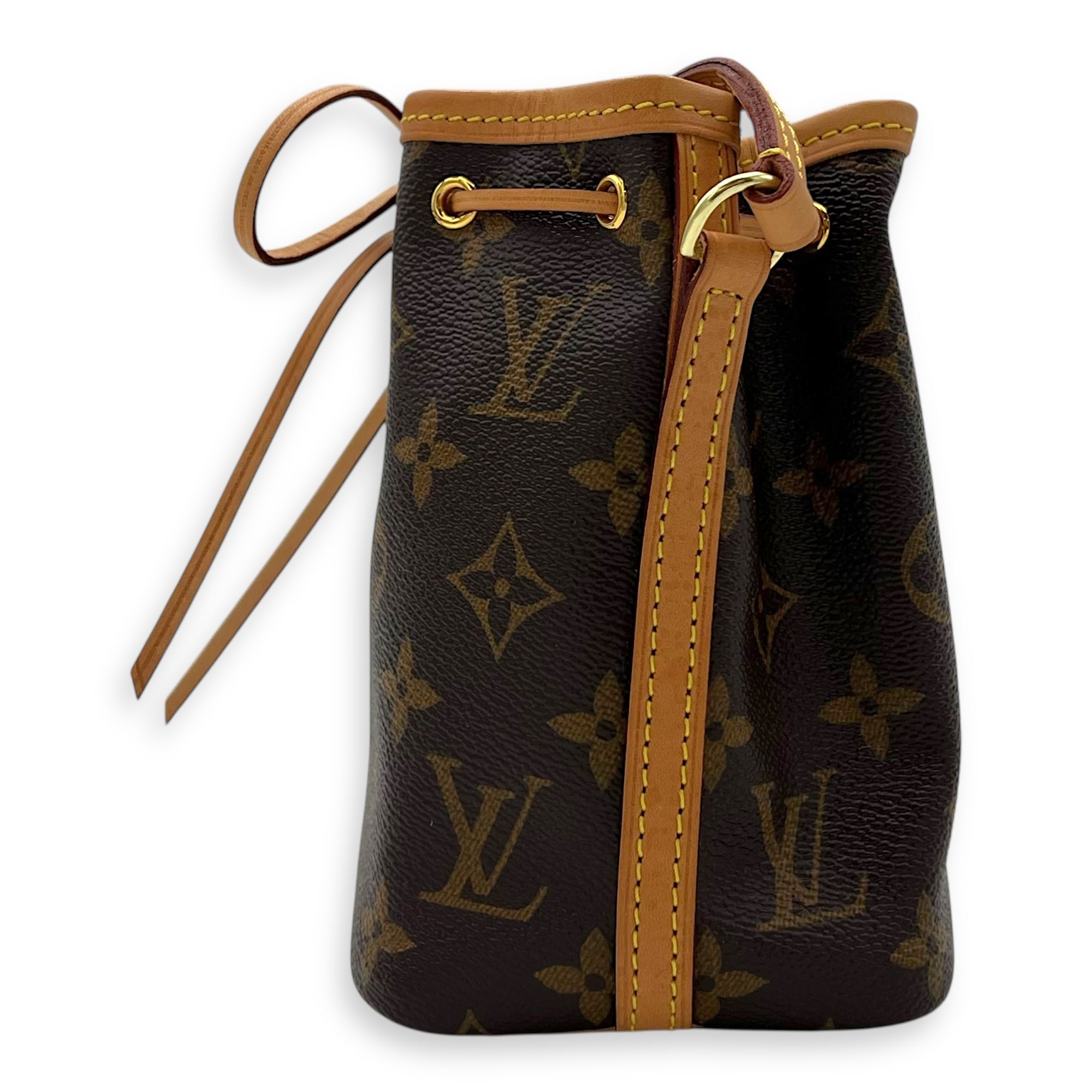 Louis Vuitton Noe Crossbody Bag Nano Brown in Monogram Coated Canvas, Gold hardware_4