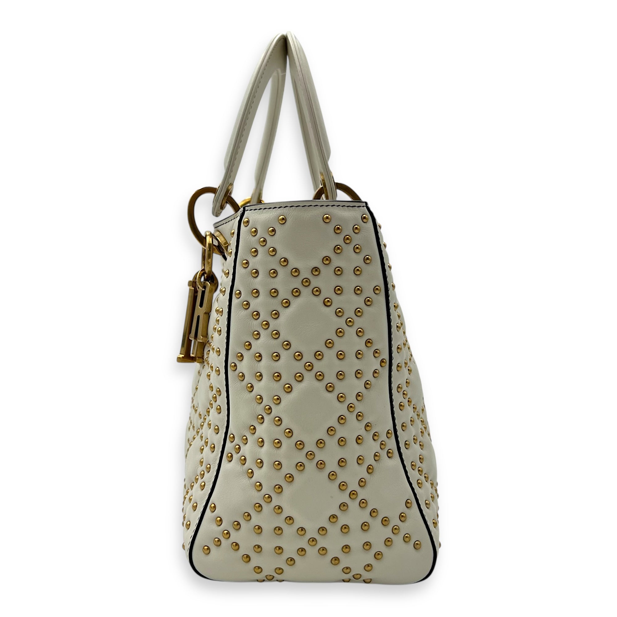 Christian Dior Lady Dior Top Handle Bag White in Calfskin, Gold hardware_4