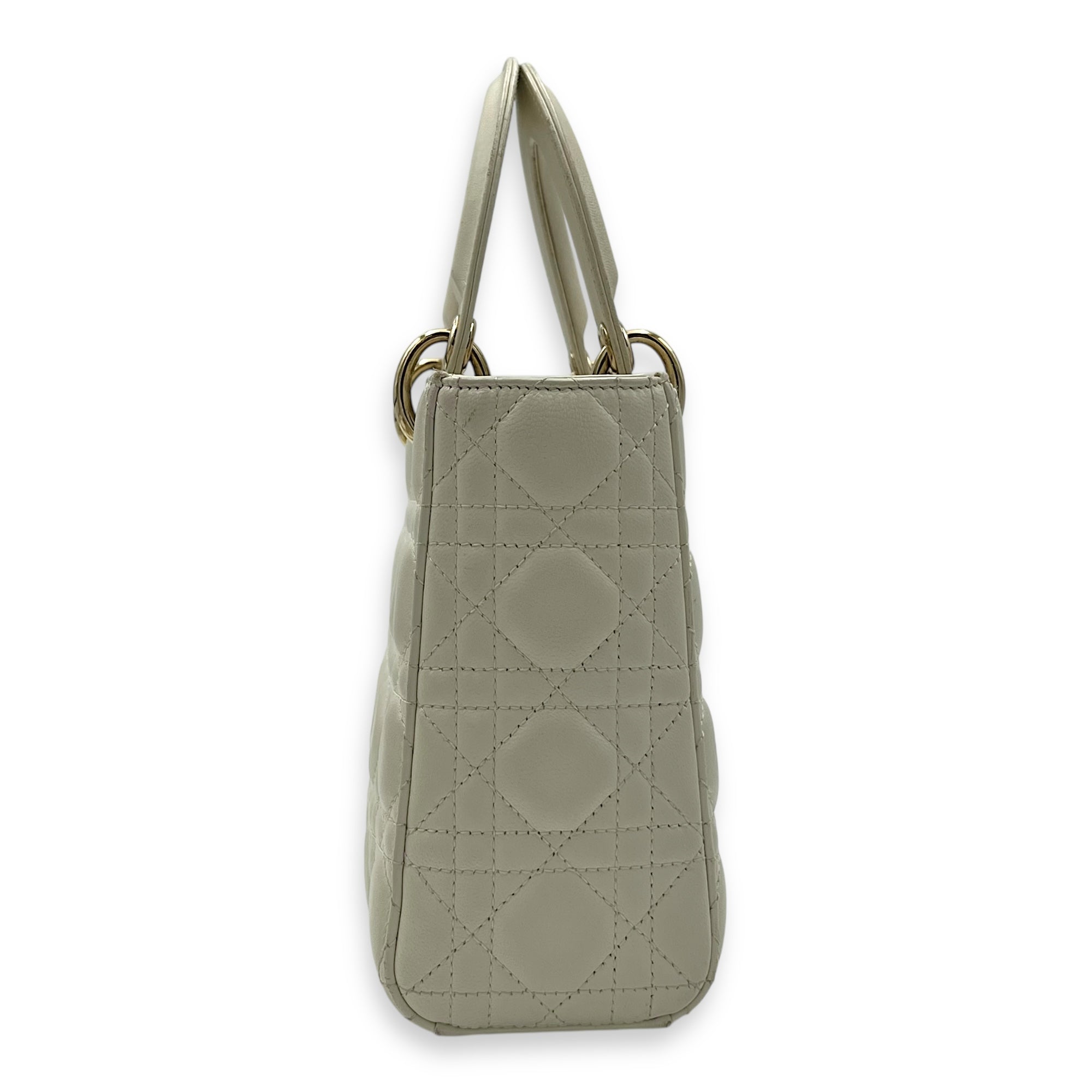Christian Dior Lady Dior Small White Top Handle Bag in Lambskin, Gold hardware_4
