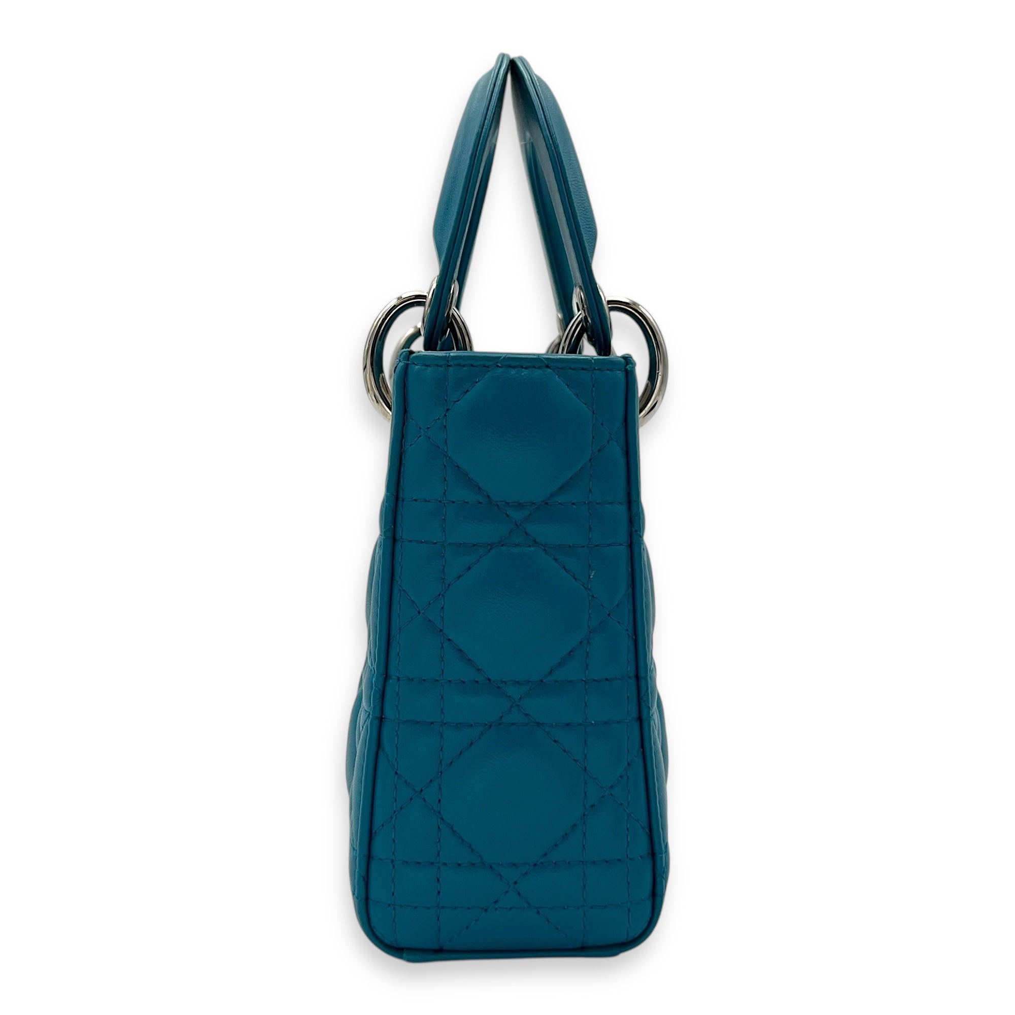 Christian Dior Lady Dior Top Handle Bag Mini Blue in Lambskin, Silver hardware_4