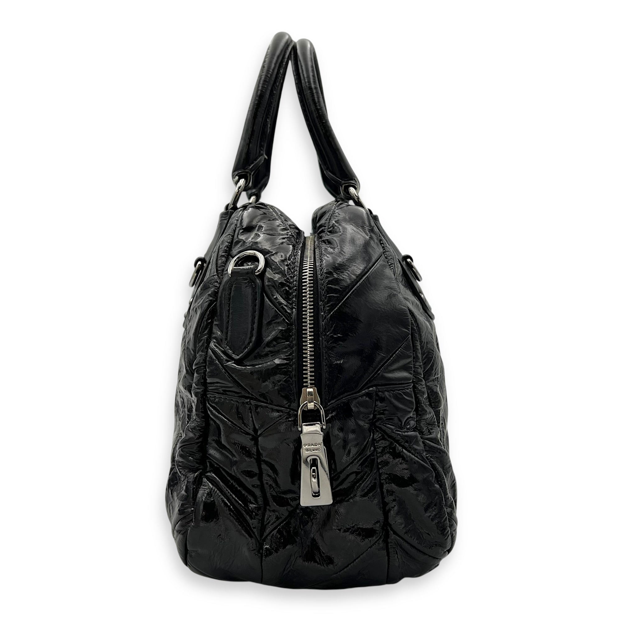 Prada Quilted Top Handle Bag Black in Glazed Calfskin, Silver hardware_4
