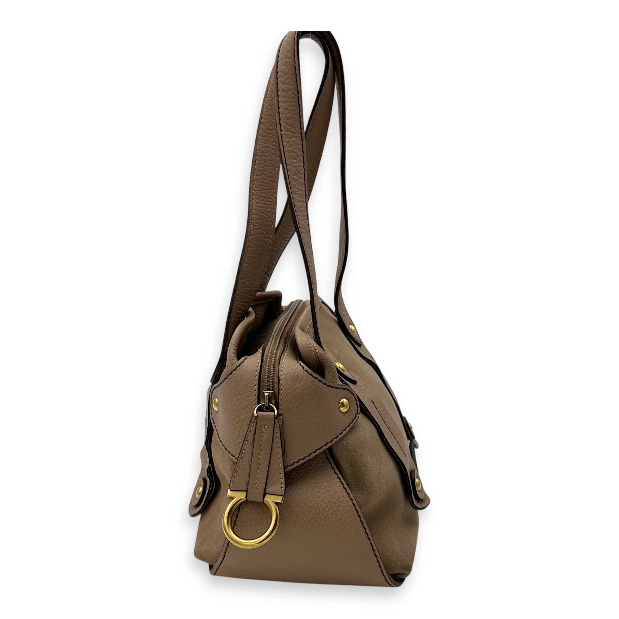 Salvatore Ferragamo Gancini Shoulder Bag Beige in Suede Leather, Gold hardware_4